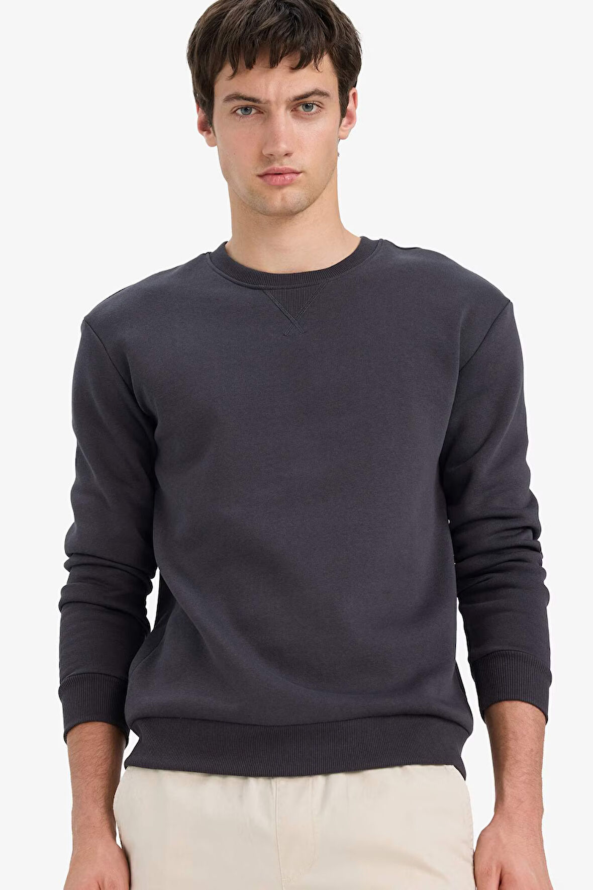 Regular Fit Bisiklet Yaka Basic Düz Kalın Sweatshirt