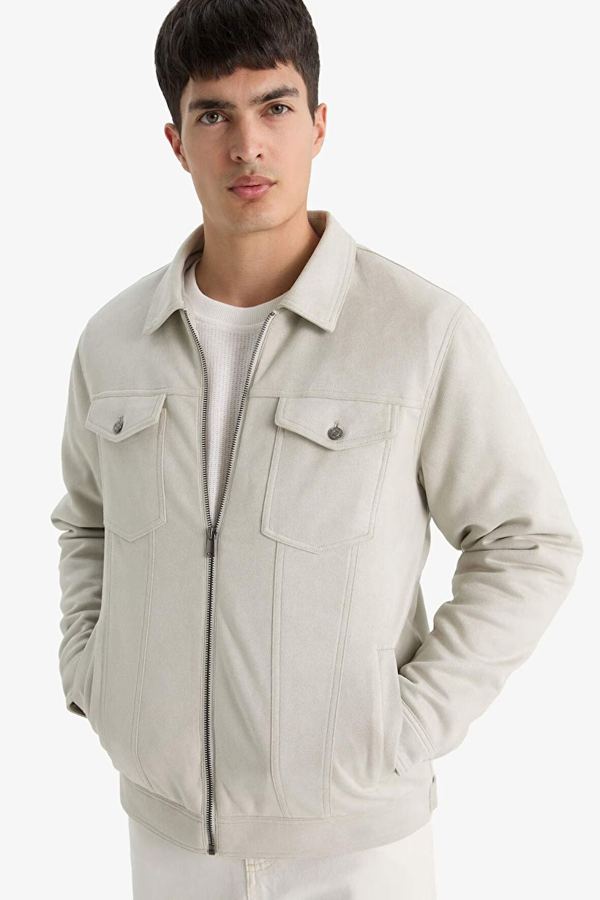Slim Fit Dar Kesim Gömlek Yaka Fermuarlı Süet Mont