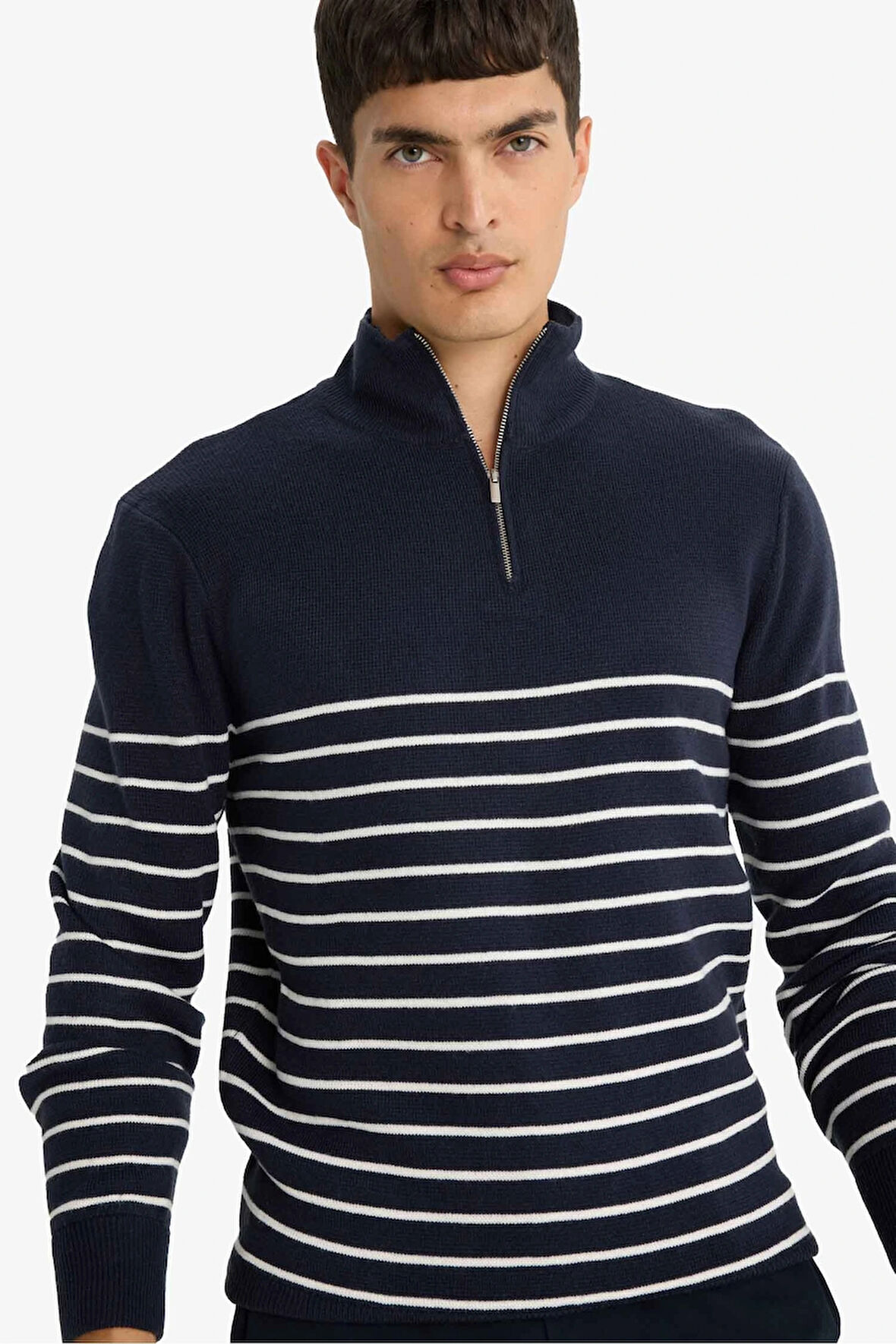 Defacto F1522 Lacivert Standart Fit Yarım Fermuarlı Çizgili Triko Kazak