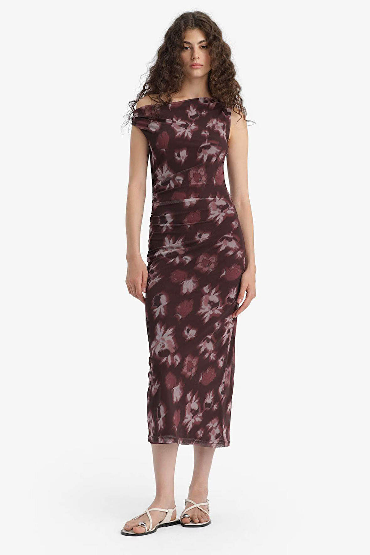 Bodycon Vücudu Saran Açık Omuz Floral Tül Uzun Kollu Maxi Elbise