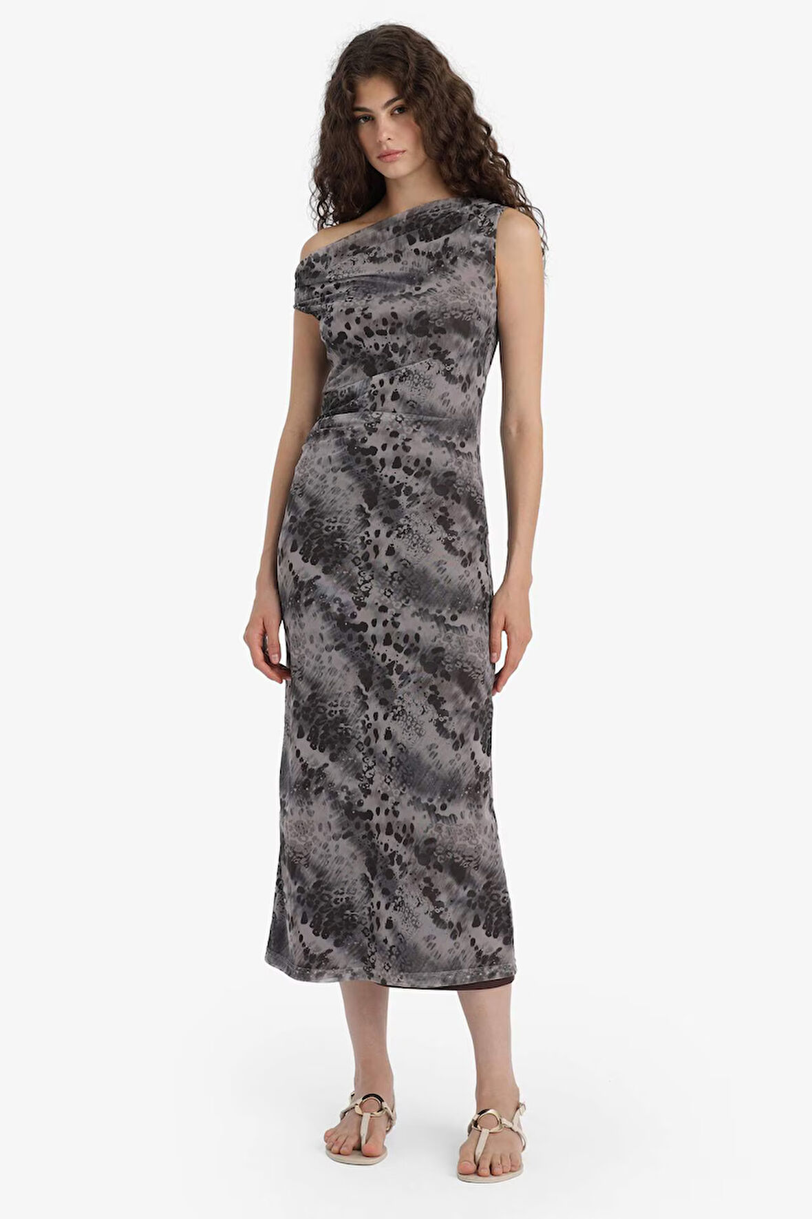 Bodycon Vücudu Saran Açık Omuz Çiçek Desenli Tül Maxi Elbise