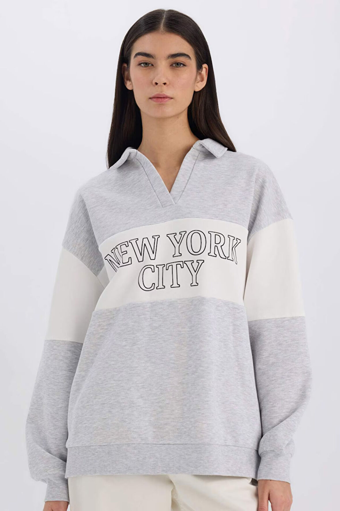 DeFacto Relax Fit Polo Yaka Baskılı Kalın Sweatshirt E3229AX24WNGR93