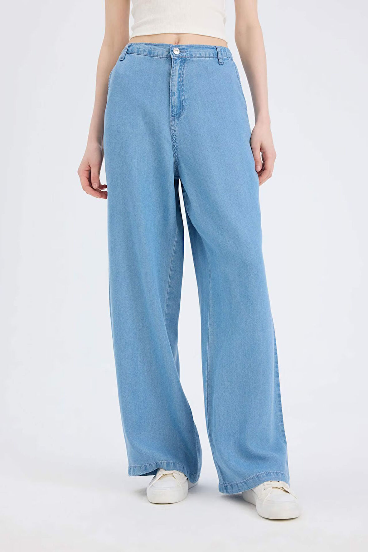 Pull On Wide Leg Yüksek Bel Uzun Yumuşak Jean Yıkamalı Pantolon