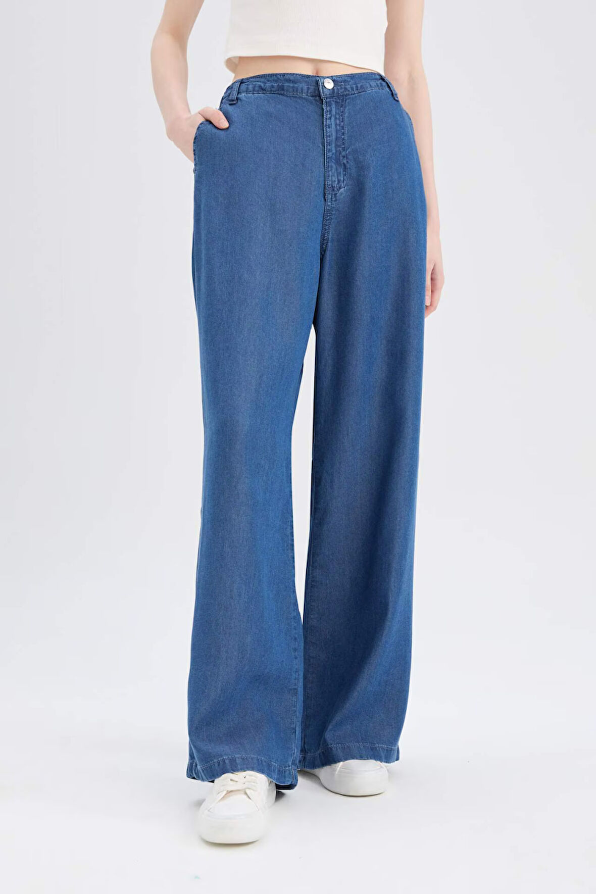 Pull On Wide Leg Yüksek Bel Uzun Yumuşak Jean Yıkamalı Pantolon