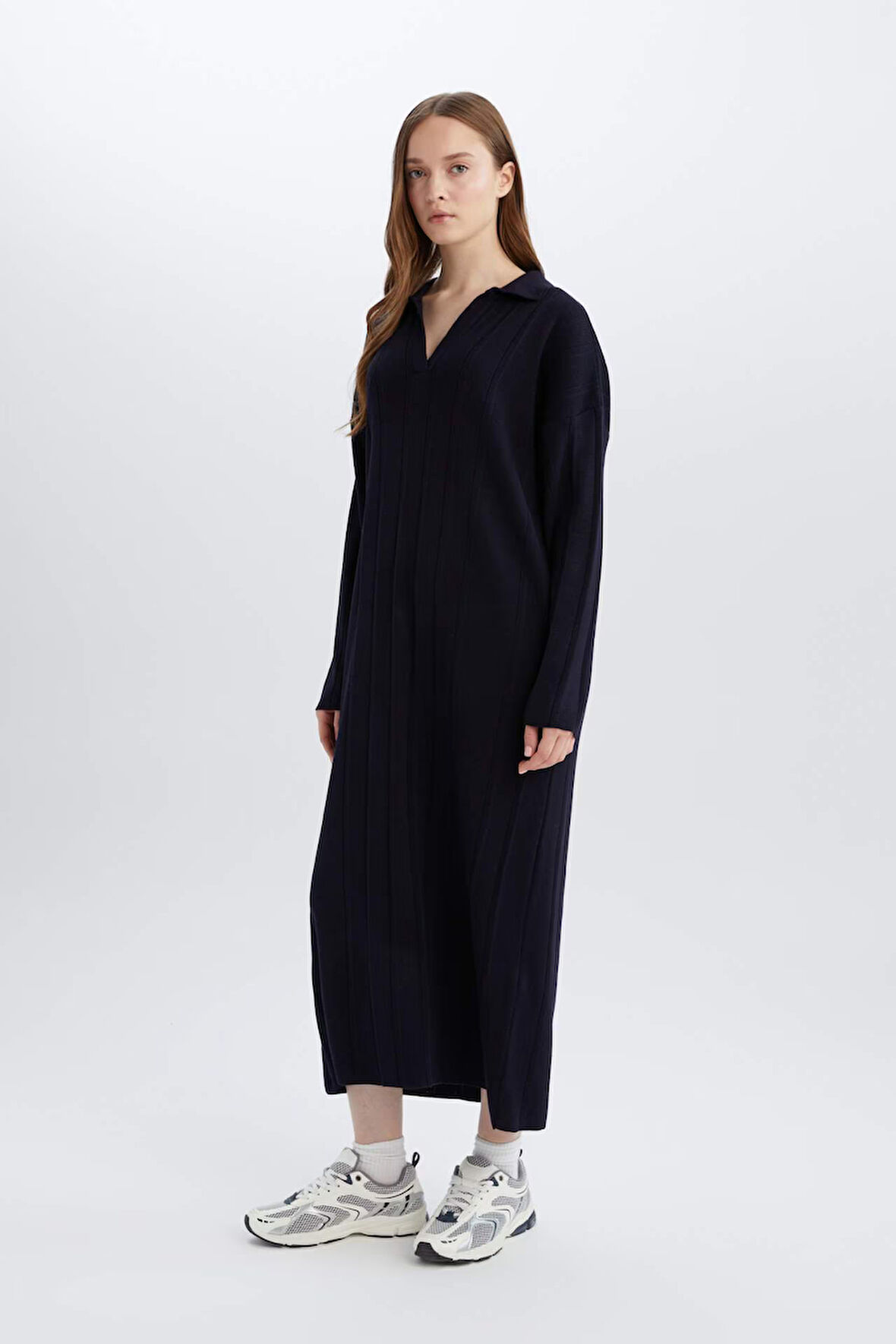Relax Fit Basic Düz Polo Yaka Maxi Elbise