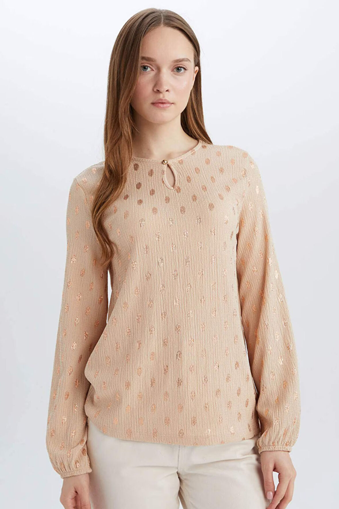 DeFacto Regular Fit Damla Yaka Desenli Bürümcük Uzun Kollu Tişört E1205AX25SPBG319