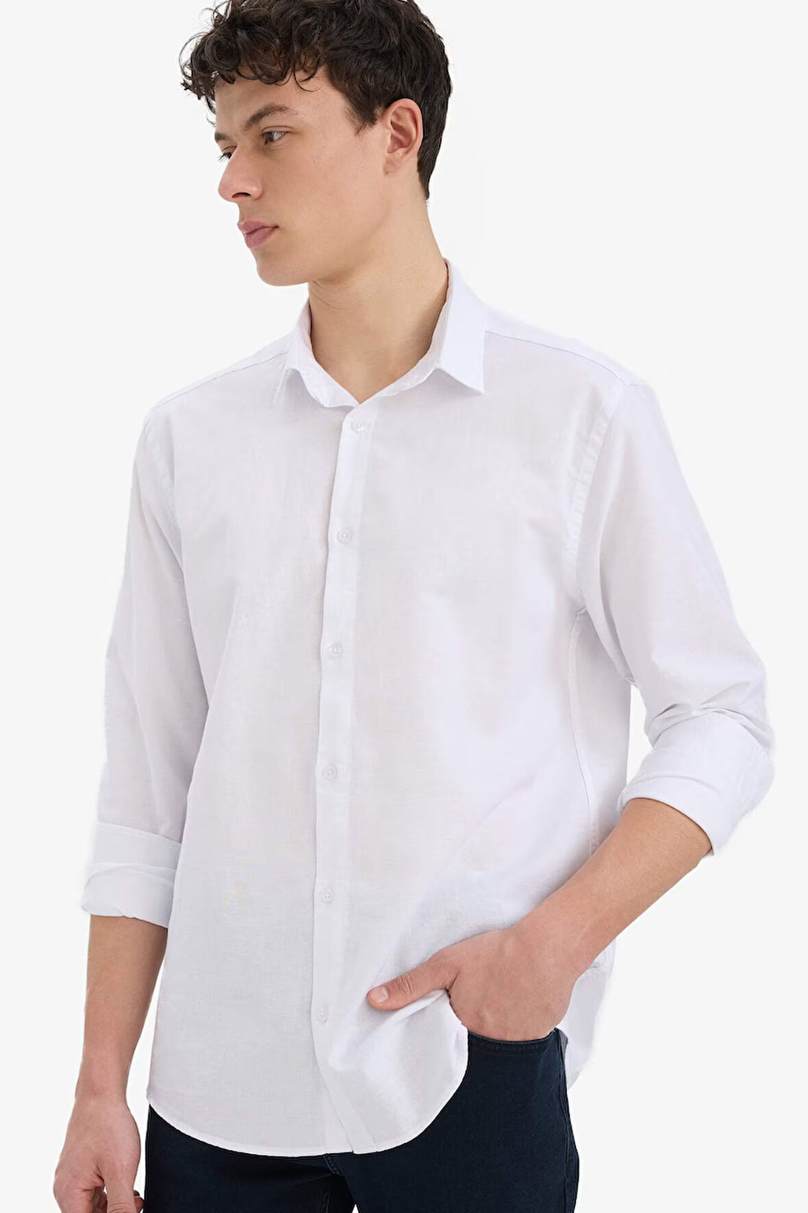 Regular Fit Polo Yaka Keten Yazlık Uzun Kollu Gömlek
