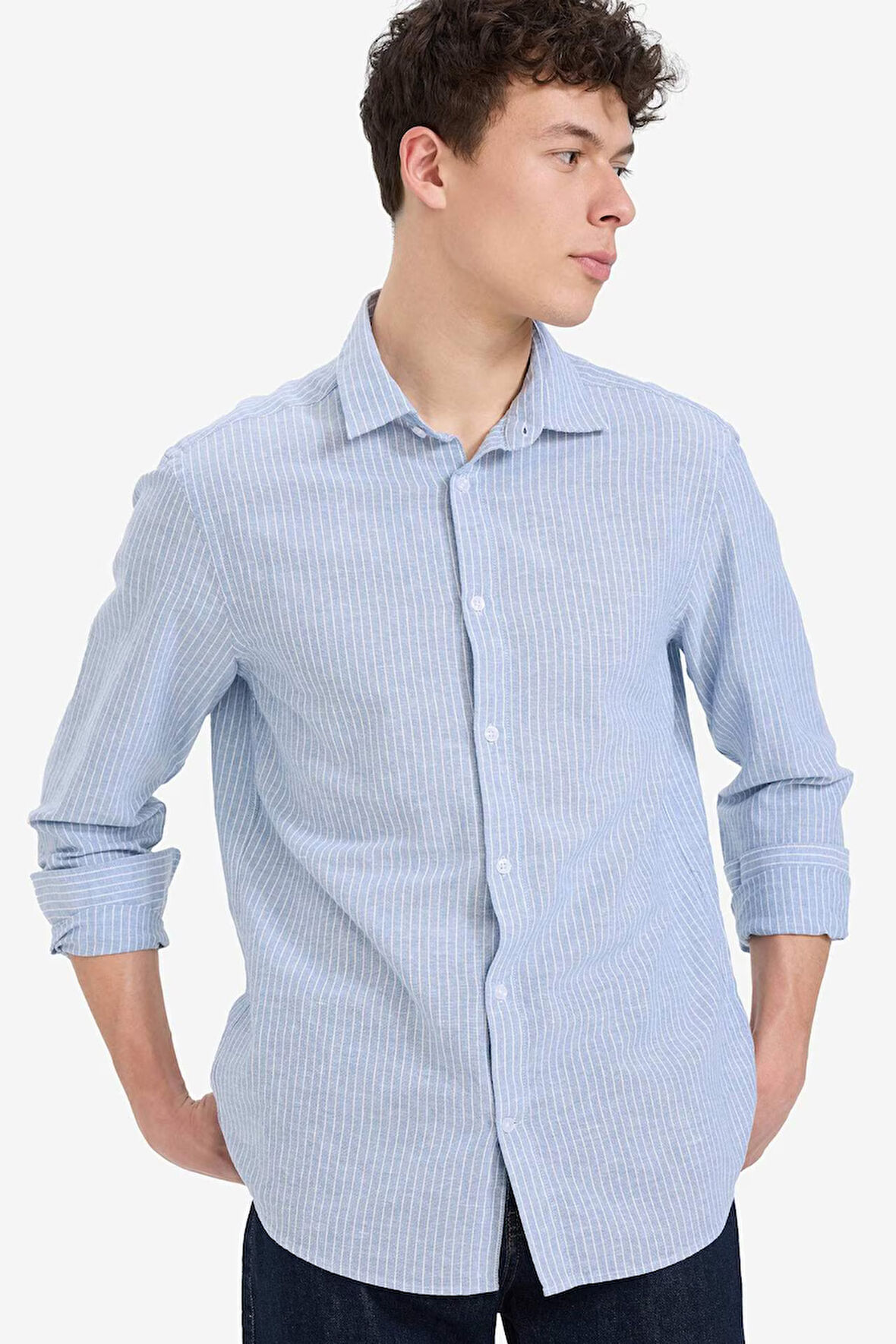 Regular Fit Polo Yaka Keten Yazlık Uzun Kollu Gömlek