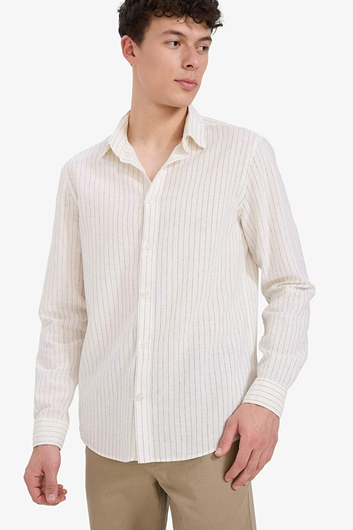 Regular Fit Polo Yaka Keten Yazlık Uzun Kollu Gömlek
