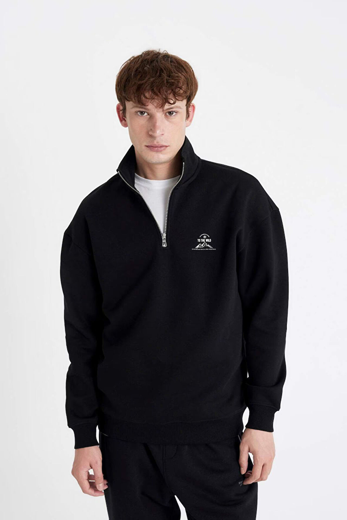 Comfort Regular Fit Rahat Kalıp Fermuarlı Dik Yaka Baskılı Sweatshirt