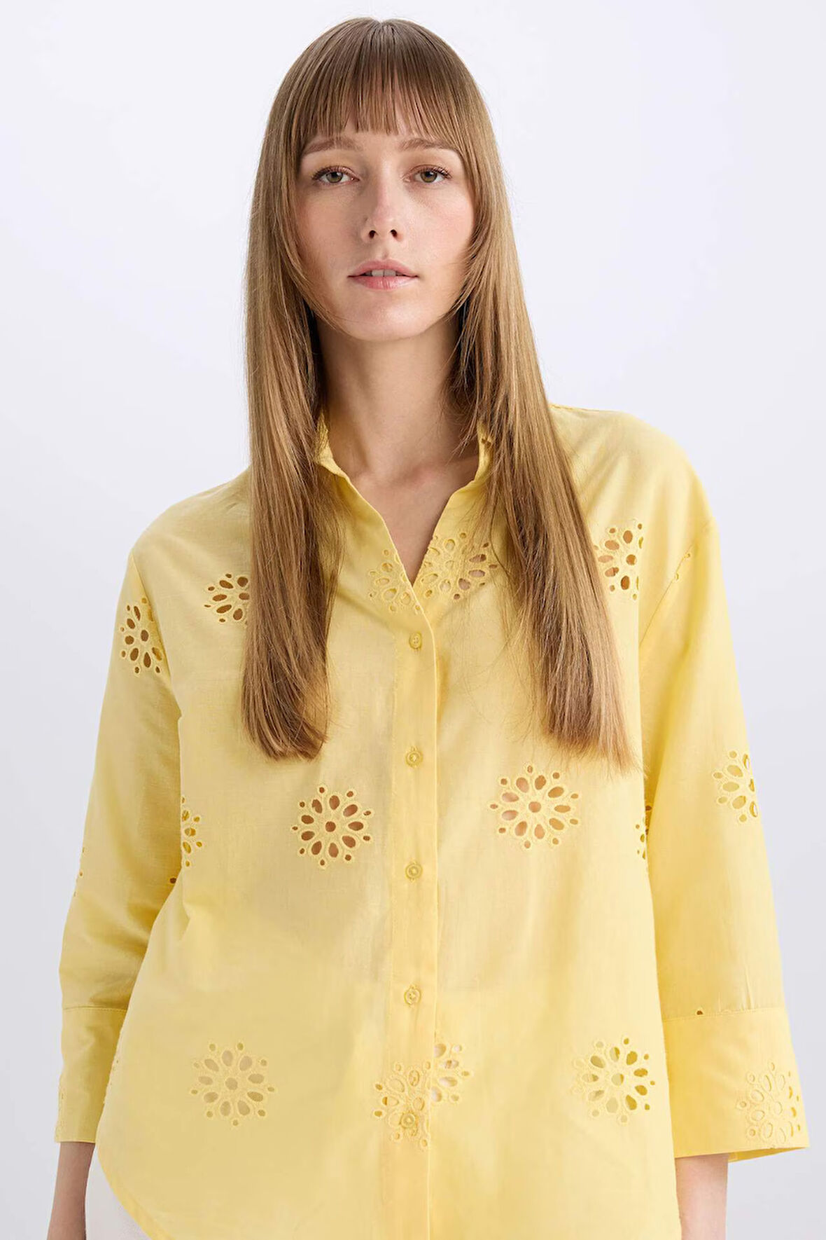 Oversize Geniş Kalıp Gömlek Yaka Brode Uzun Kollu Gömlek