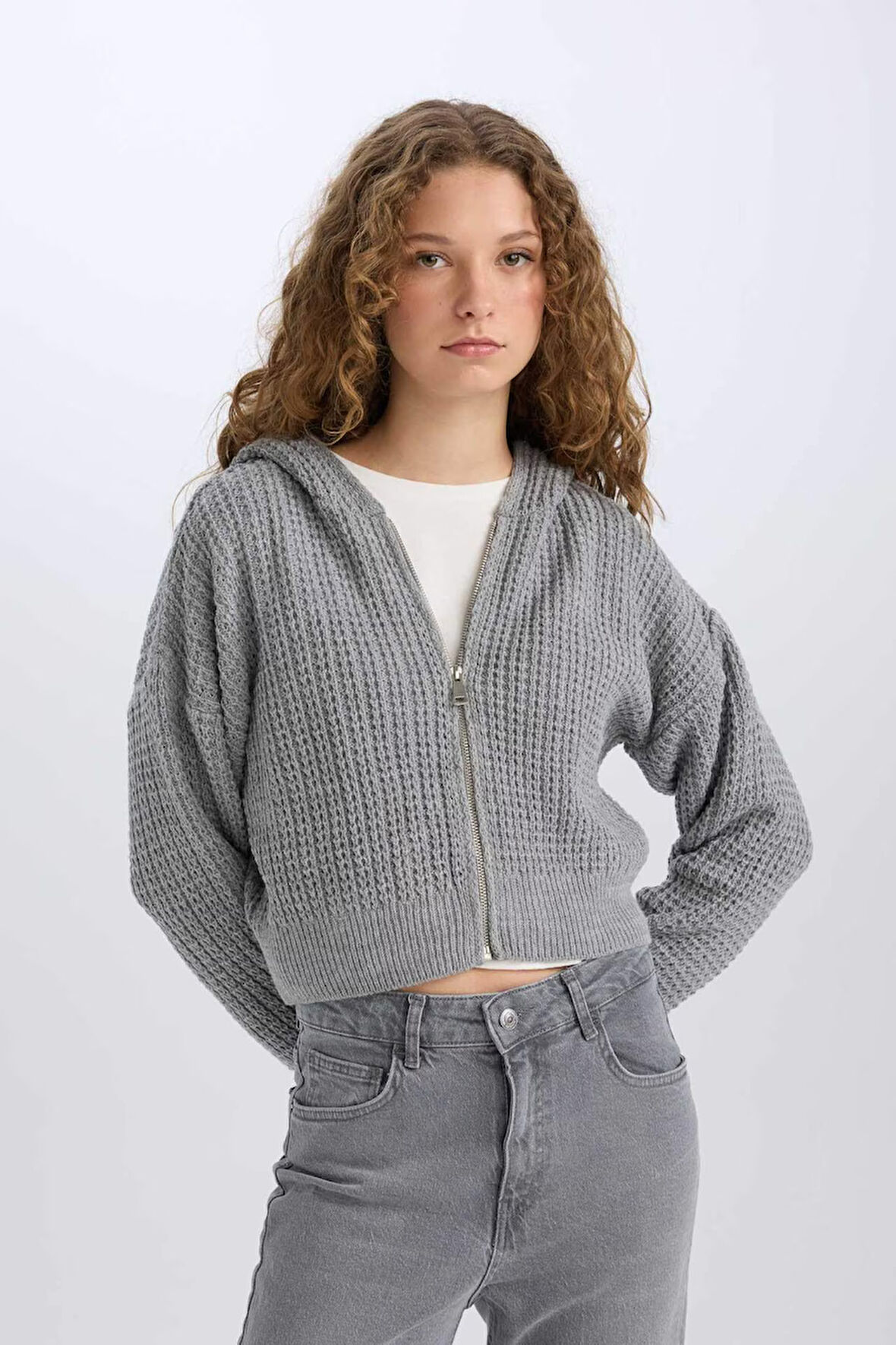 DeFacto Regular Fit Kapüşonlu Fermuarlı Triko Hırka E2269AXNSGR90