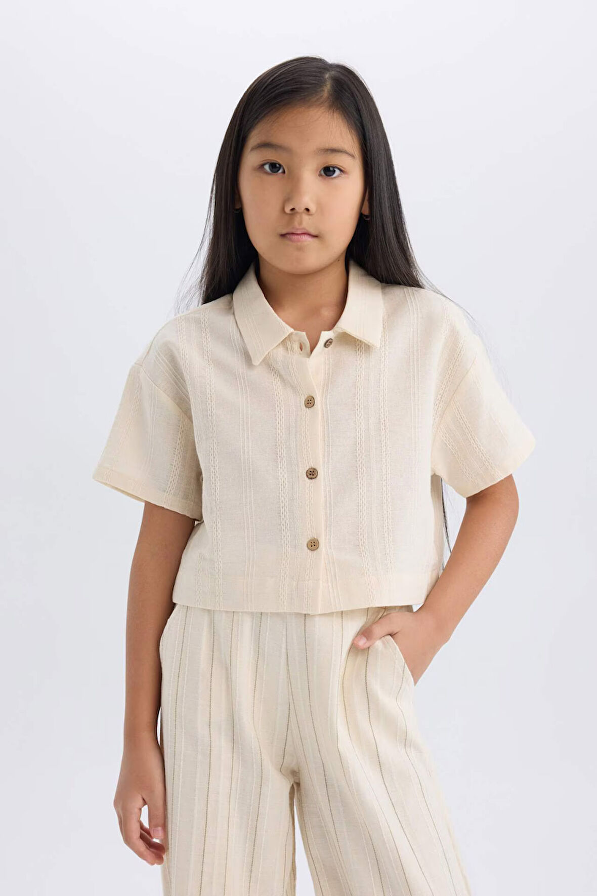 DeFacto Kız Çocuk Cropped Fit Keten Kısa Kollu Gömlek D9142A825SMBG734