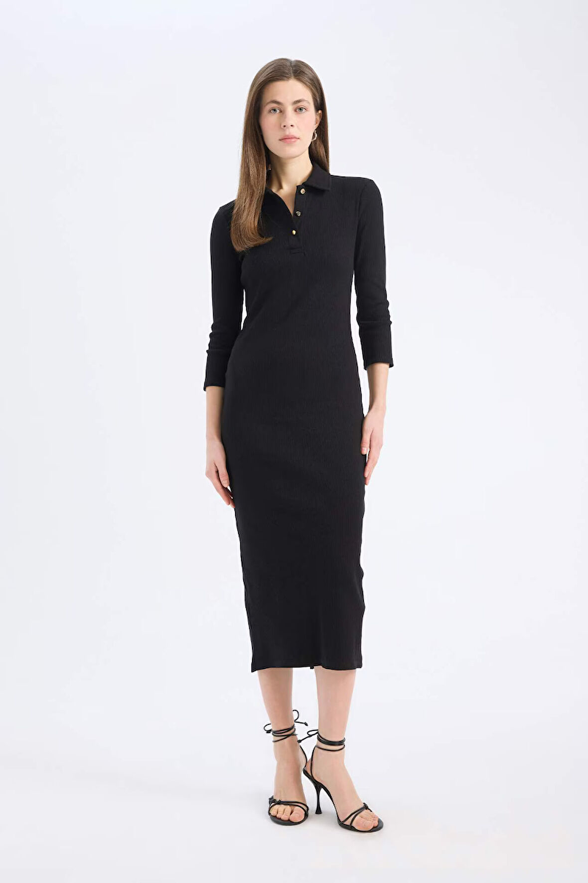 DeFacto Bodycon Vücudu Saran Polo Yaka Basic Düz Fitilli Kaşkorse Yarım Kollu Midi Elbise E2245AX25SPBK81