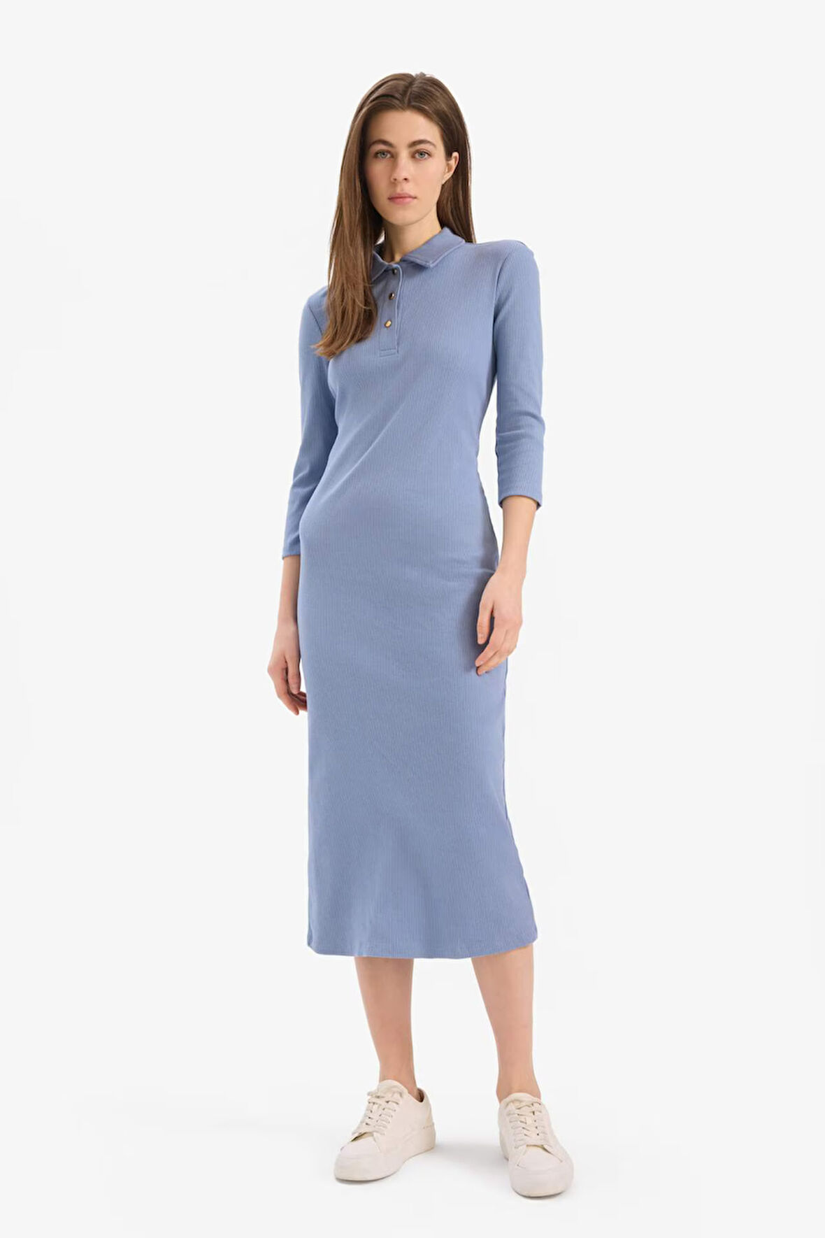 Bodycon Vücudu Saran Polo Yaka Fitilli Kaşkorse Kısa Kollu Midi Elbise