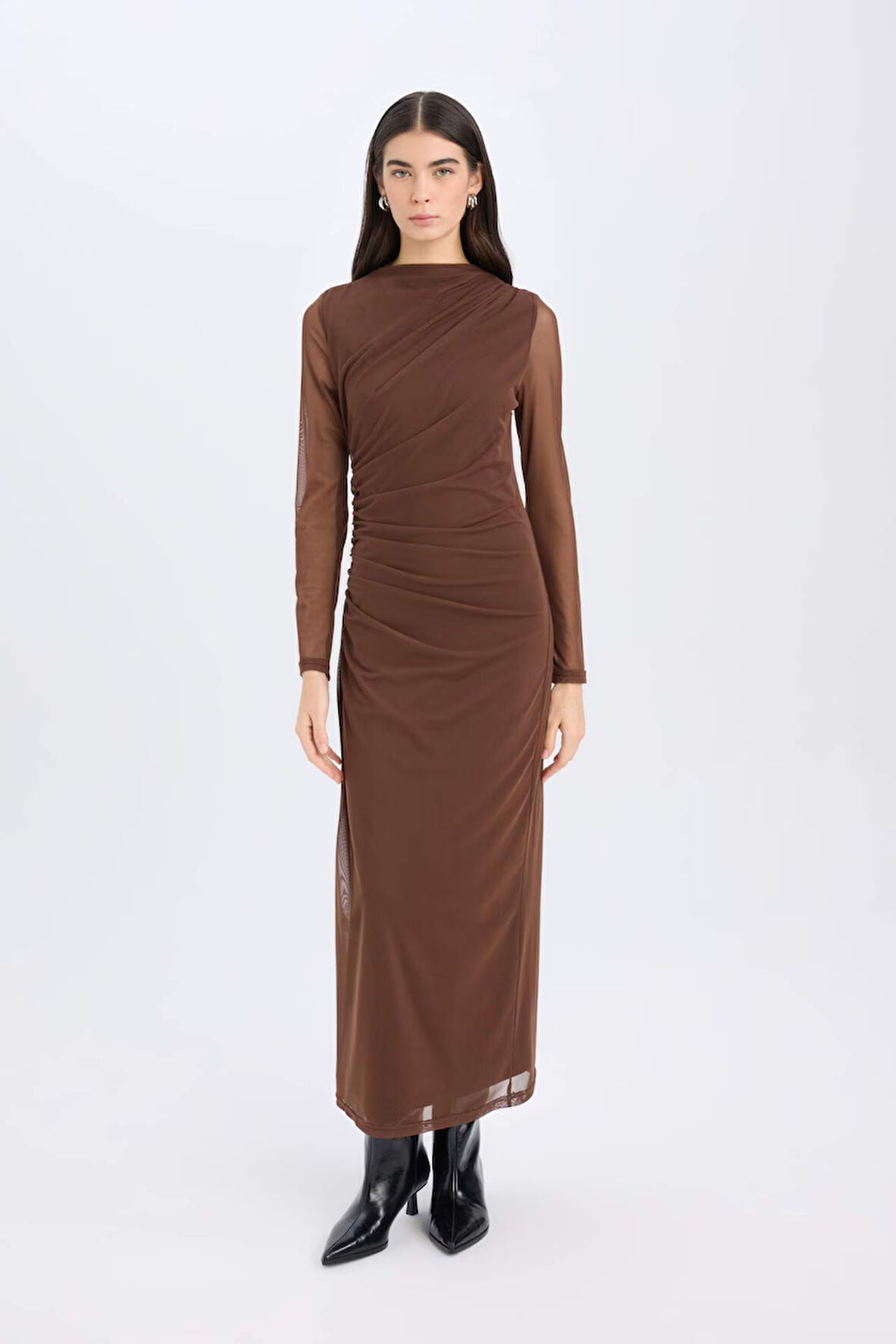 DeFacto Bodycon Vücudu Saran Yarım Balıkçı Yaka Tül Uzun Kollu Maxi Elbise E3548AX24WNBN167