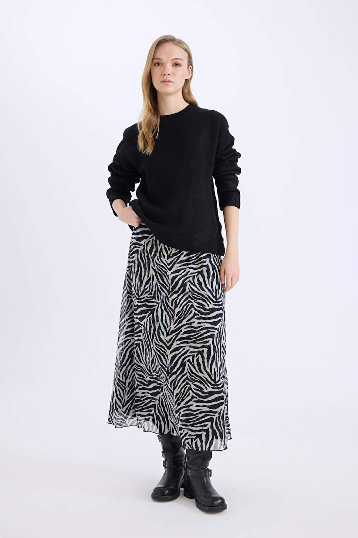 Flare Fit Zebra Desenli Yüksek Bel Tül Maxi Etek