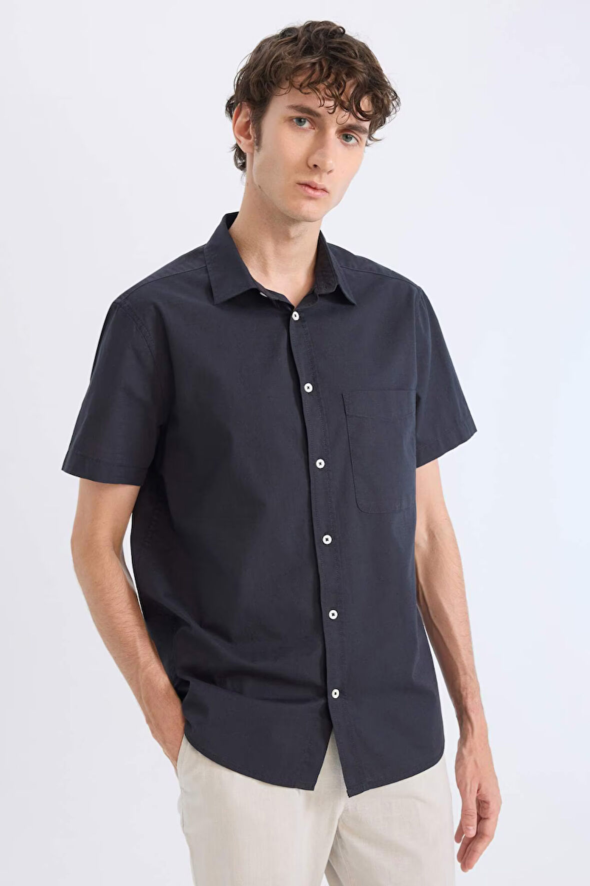 DeFacto Regular Fit Yazlık Polo Yaka Keten Görünümlü Kısa Kollu Gömlek D7551AX25SPAR190