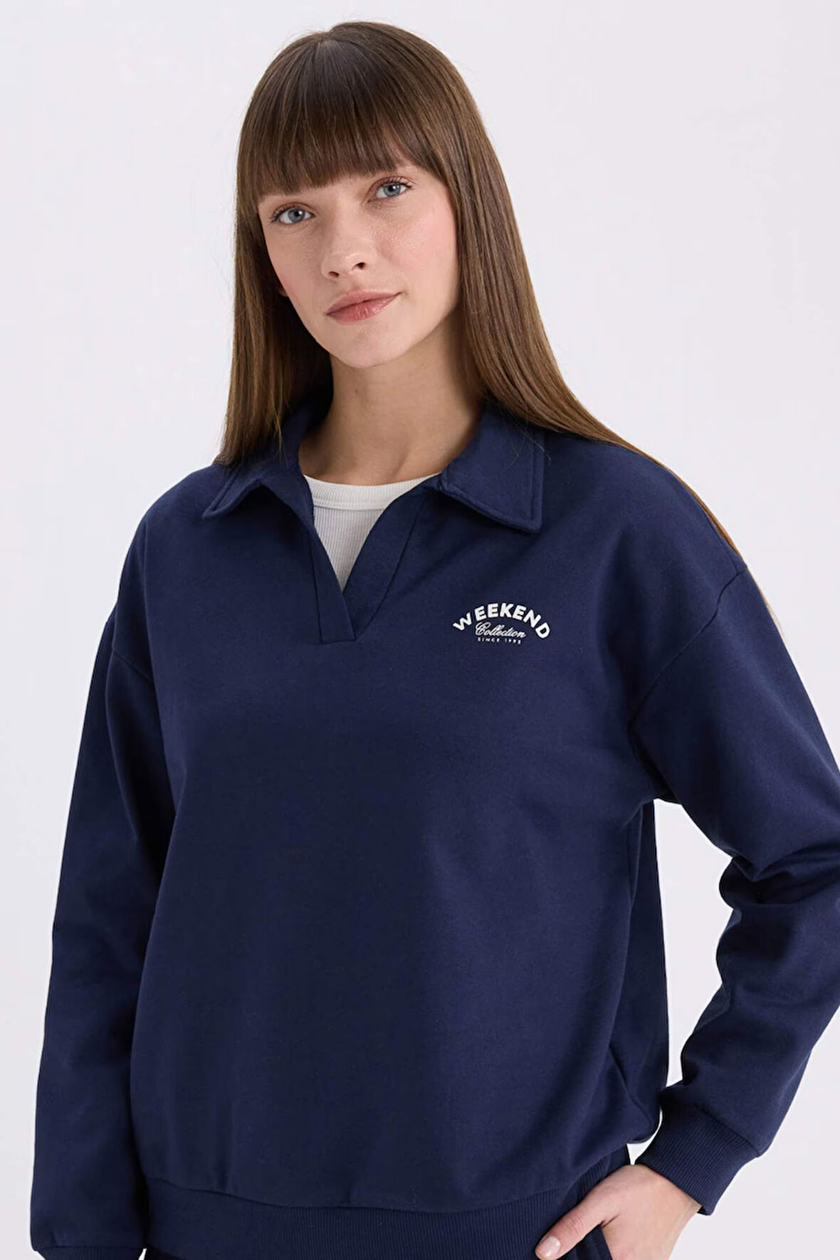 Relax Fit Polo Yaka Baskılı İnce Sweatshirt