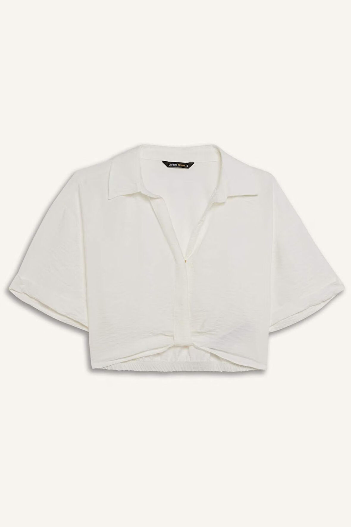 Cropped Fit Gömlek Yaka Keten Görünümlü Kısa Kollu Bluz