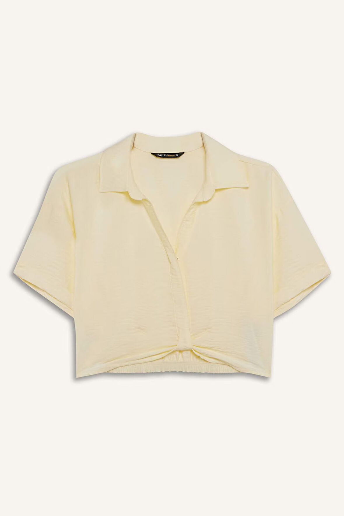 Cropped Fit Gömlek Yaka Keten Görünümlü Kısa Kollu Bluz