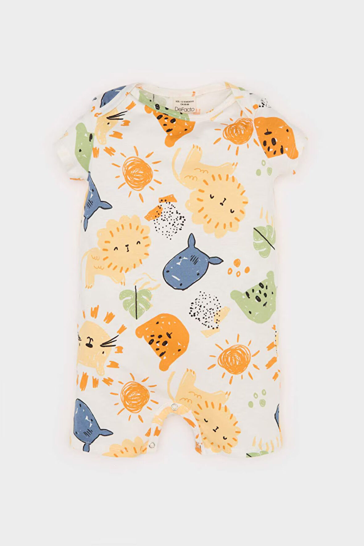 Erkek Bebek Yenidoğan Hayvan Desenli Penye Kısa Kollu Tulum