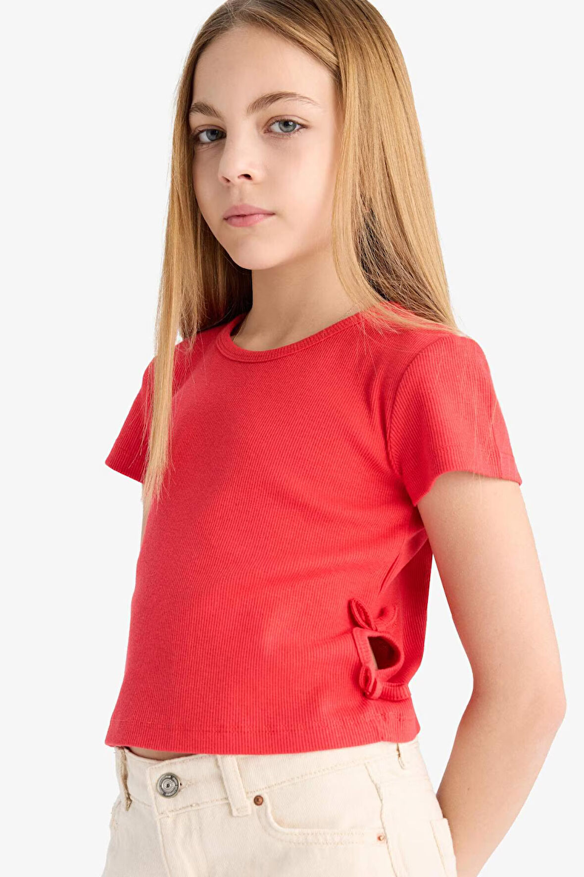 DeFacto Kız Çocuk Slim Fit Dar Kesim Bisiklet Yaka Fitilli Kaşkorse Kısa Kollu Tişört F0306A825SMRD87