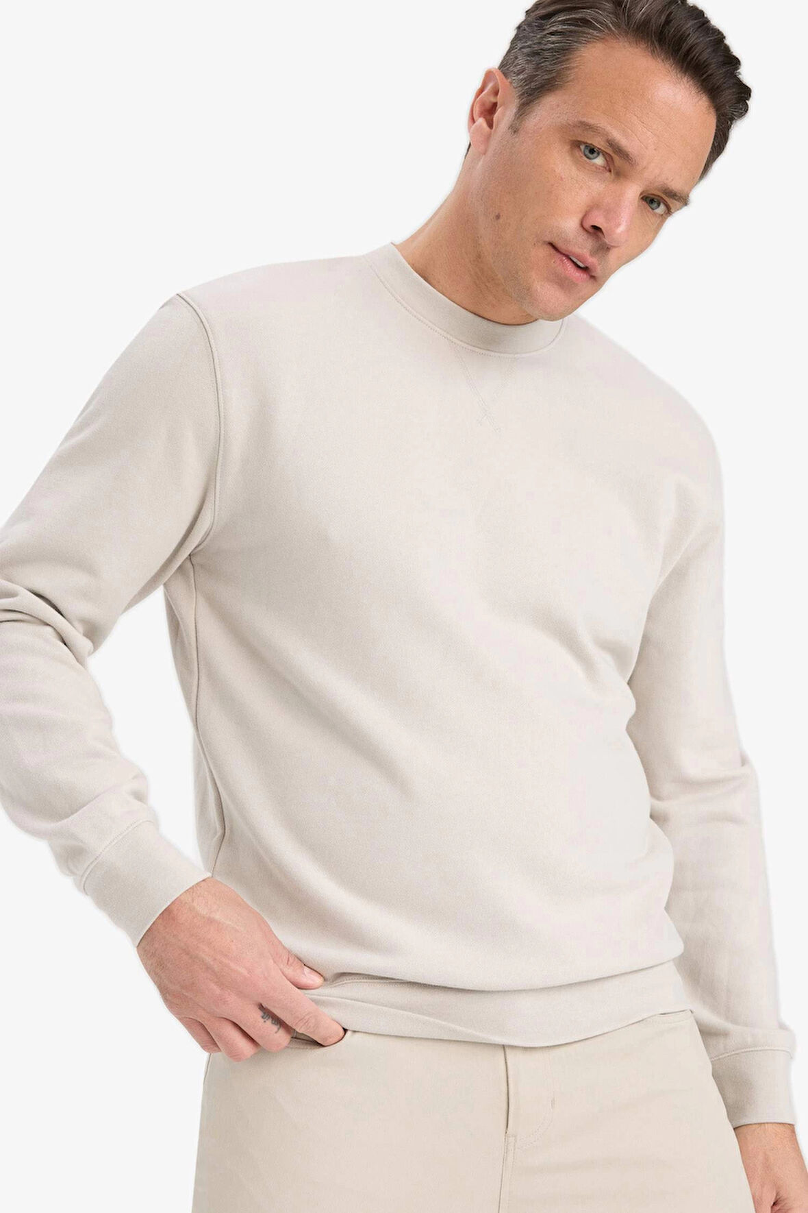 Defacto E8339 Bej %100 Pamuk Regular Fit Bisiklet Yaka Sweatshirt