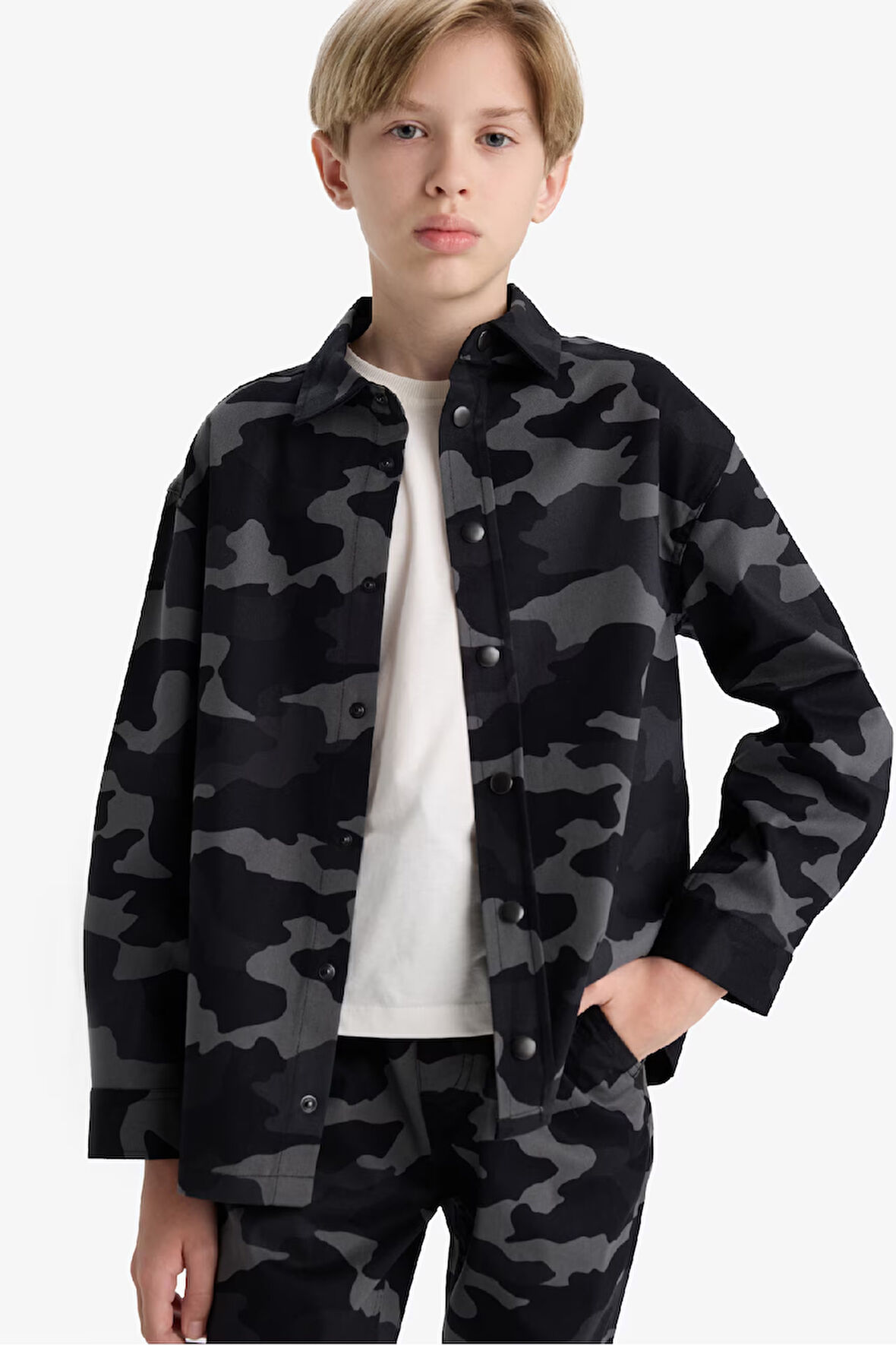Erkek Çocuk Oversize Geniş Kalıp Polo Yaka Baskılı Gabardin Uzun Kollu Gömlek