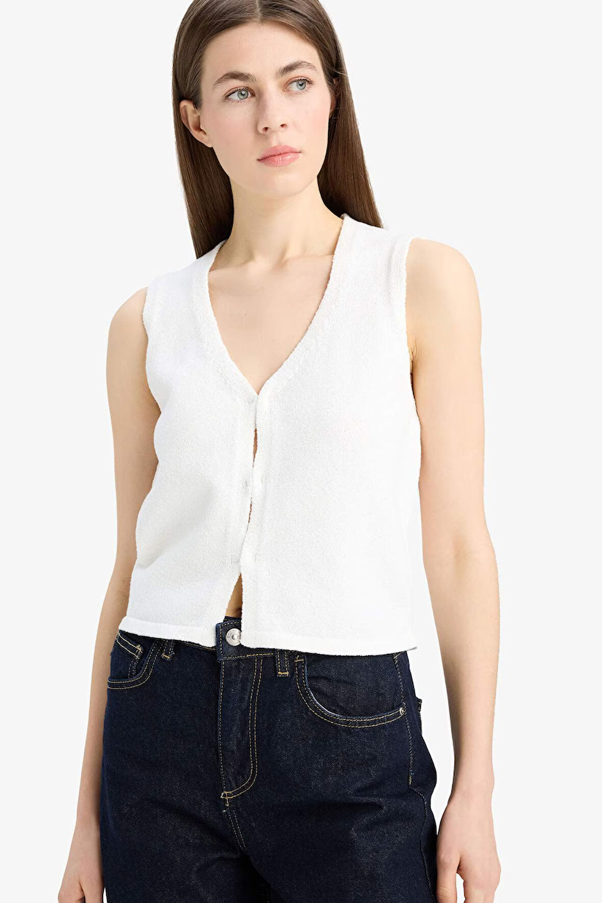 Fitted V Yaka Basic Düz Düğmeli Yelek