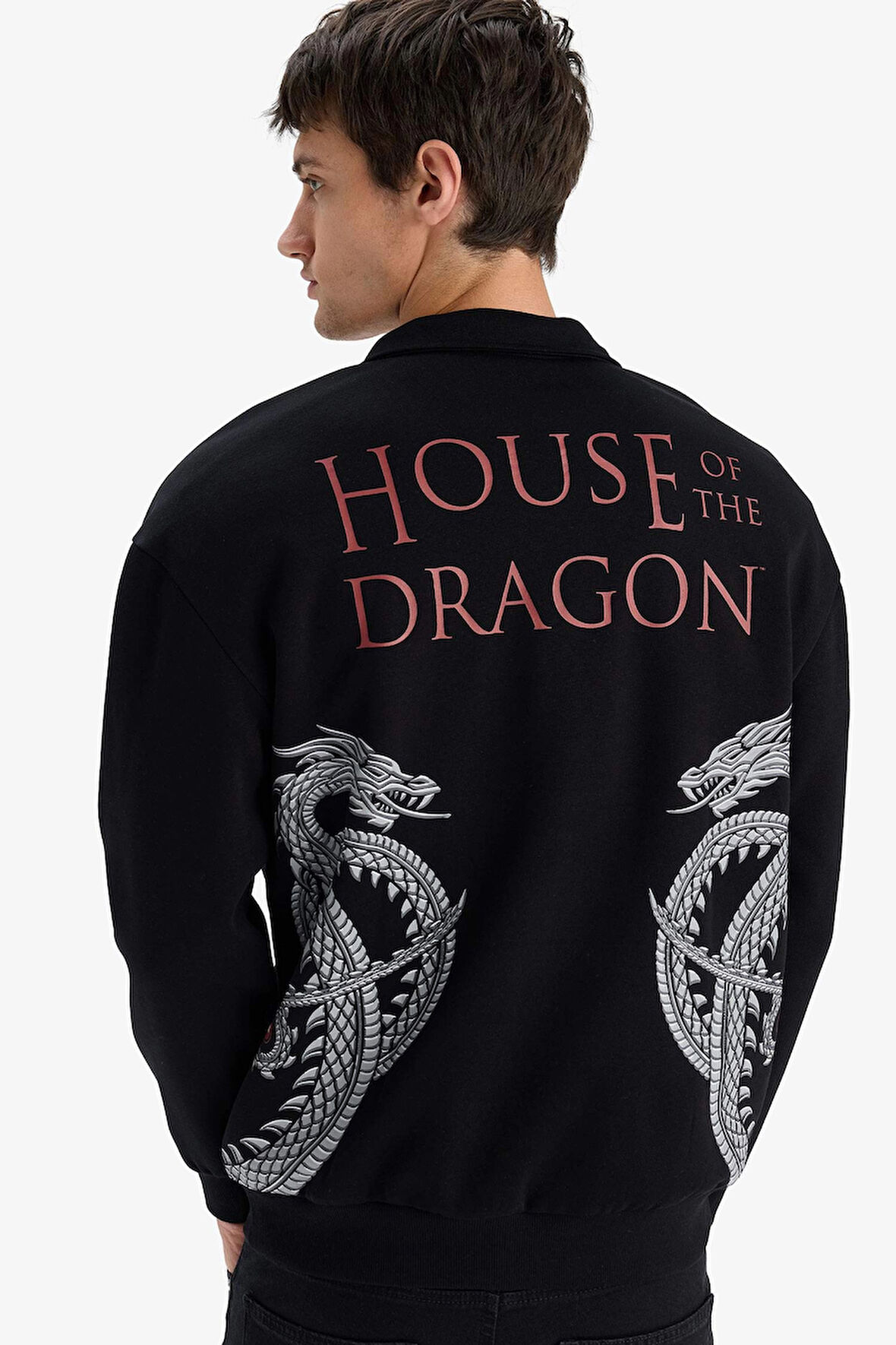 Defacto E9338 Siyah House Of The Dragon Boxy Fit Dik Yaka Fermuarlı Sırt Baskılı Sweatshirt