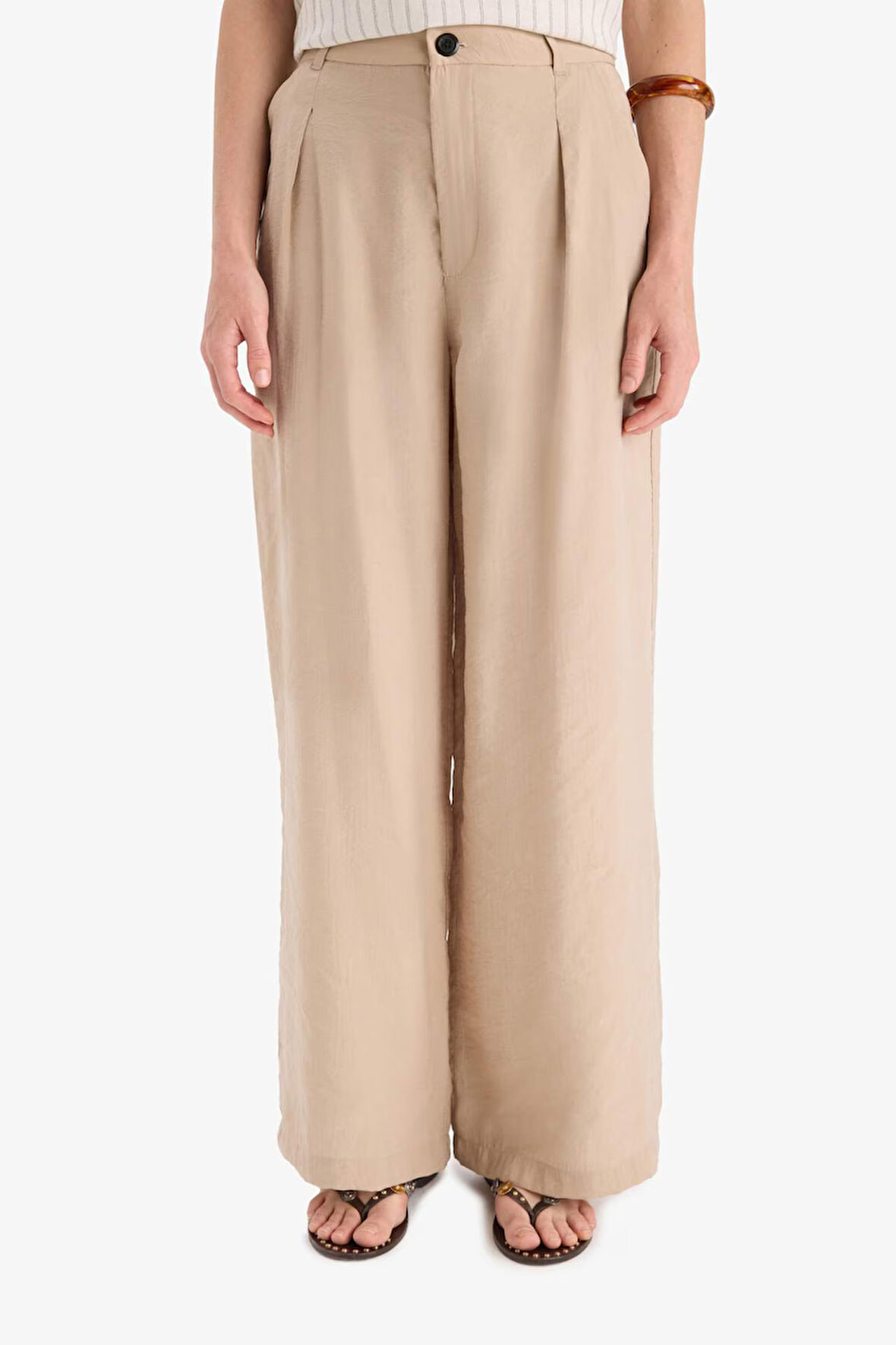 Culotte Yüksek Bel Geniş Paça Pensli Keten Karışımlı Pantolon