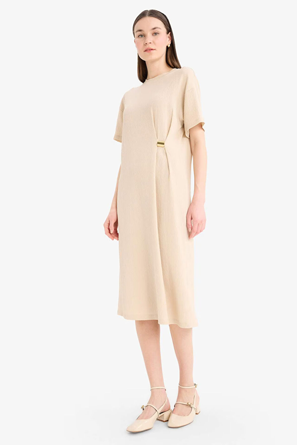 Regular Fit Bisiklet Yaka Basic Düz Bürümcük Kısa Kollu Midi  Elbise