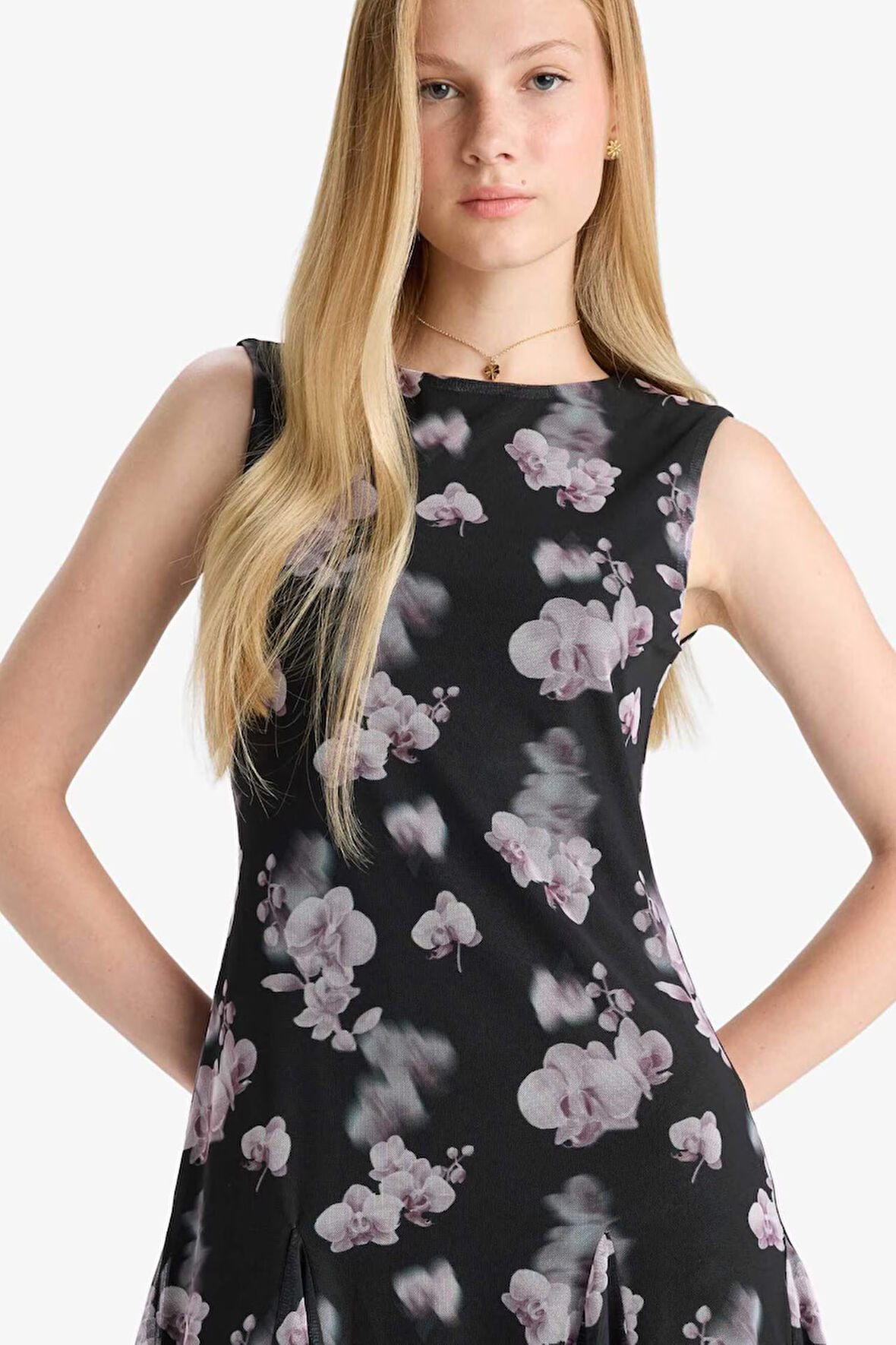 Coool Bisiklet Yaka Desenli Tül Kolsuz Mini Elbise