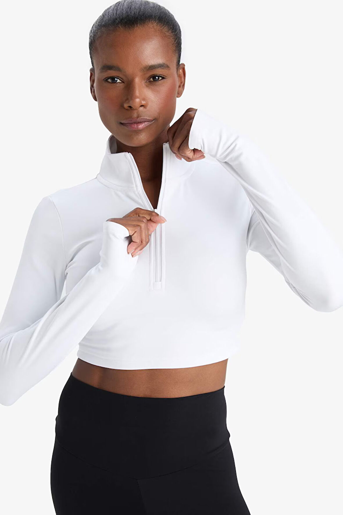 DeFactoFit Slim Fit Dar Kesim Fermuarlı Dik Yaka Uzun Kollu Tişört