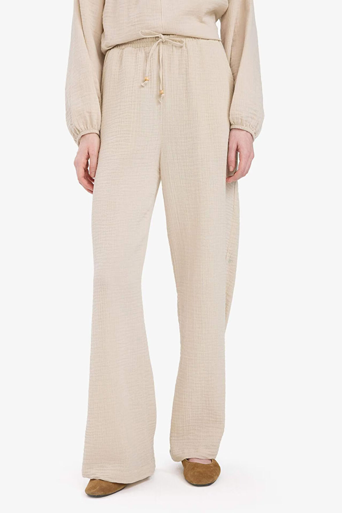 Wide Leg Müslin Kumaş Pantolon Çift Cepli Yüksek Bel Geniş Paça