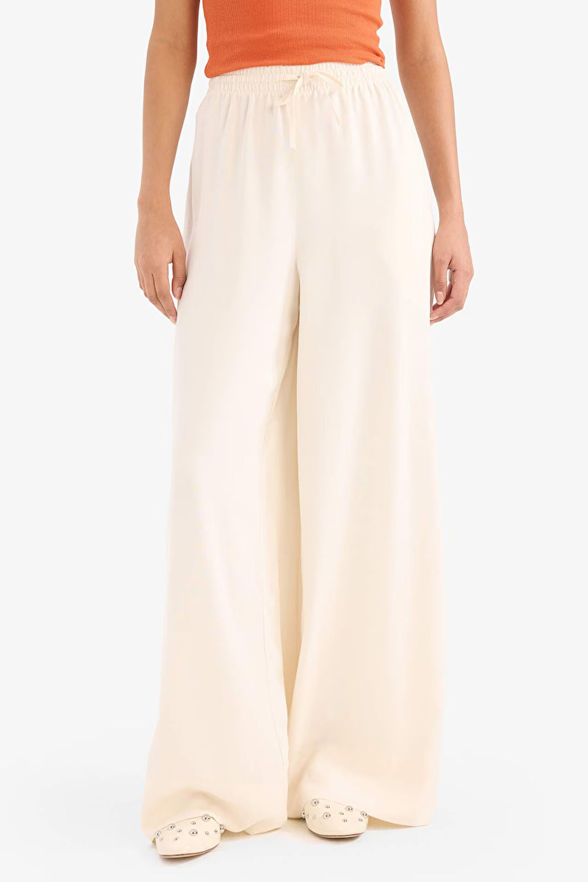 Wide Leg Keten Karışımlı Kumaş Pantolon Yüksek Bel Geniş Paça