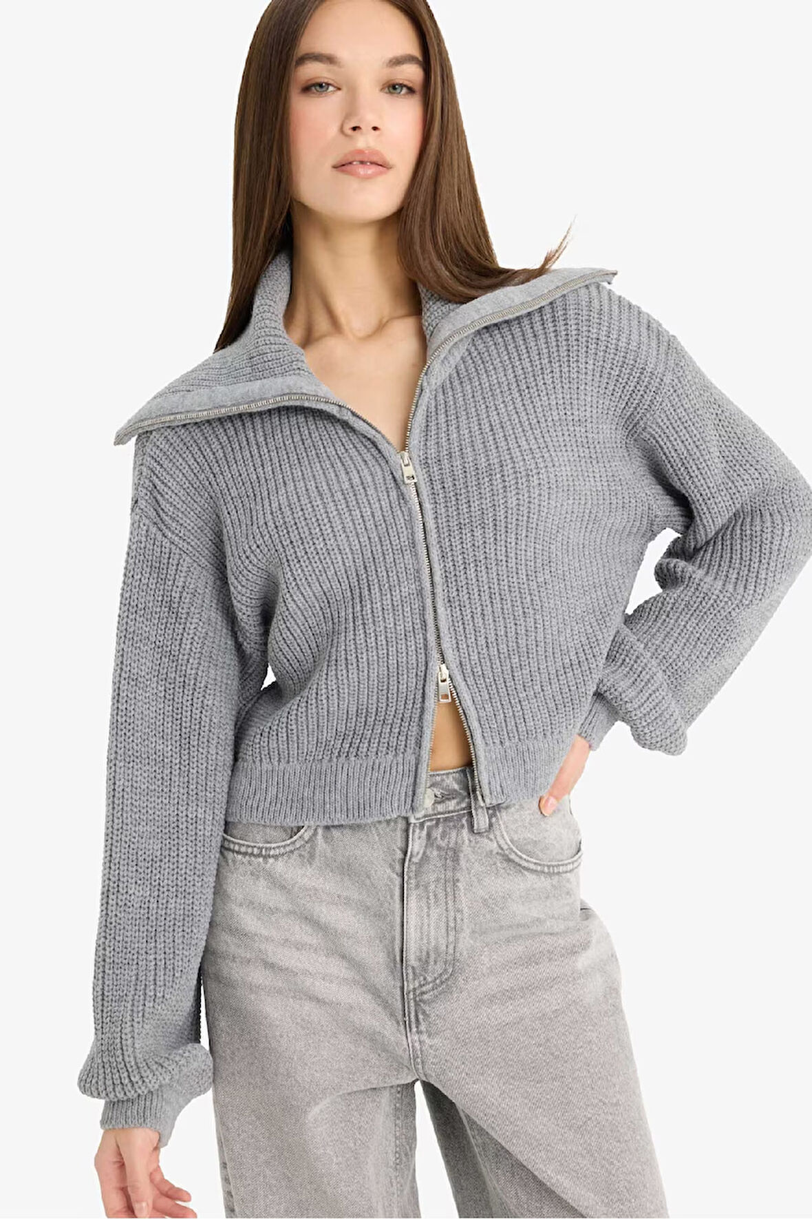 Slim Fit Dar Kesim Polo Yaka Fermuarlı Triko Hırka