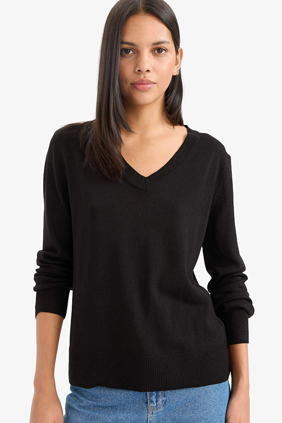 Defacto C4024 Siyah Relax Fit V Yaka Triko Kazak