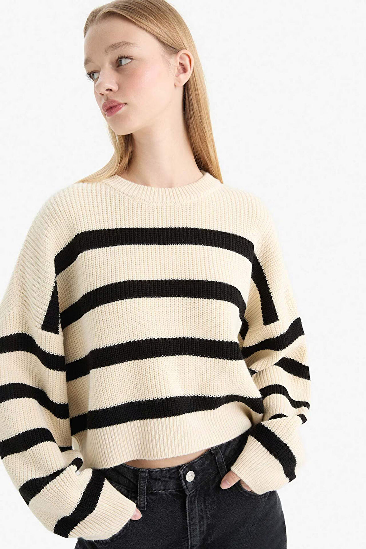 Coool Oversize Geniş Kalıp Bisiklet Yaka Çizgili Triko Kazak