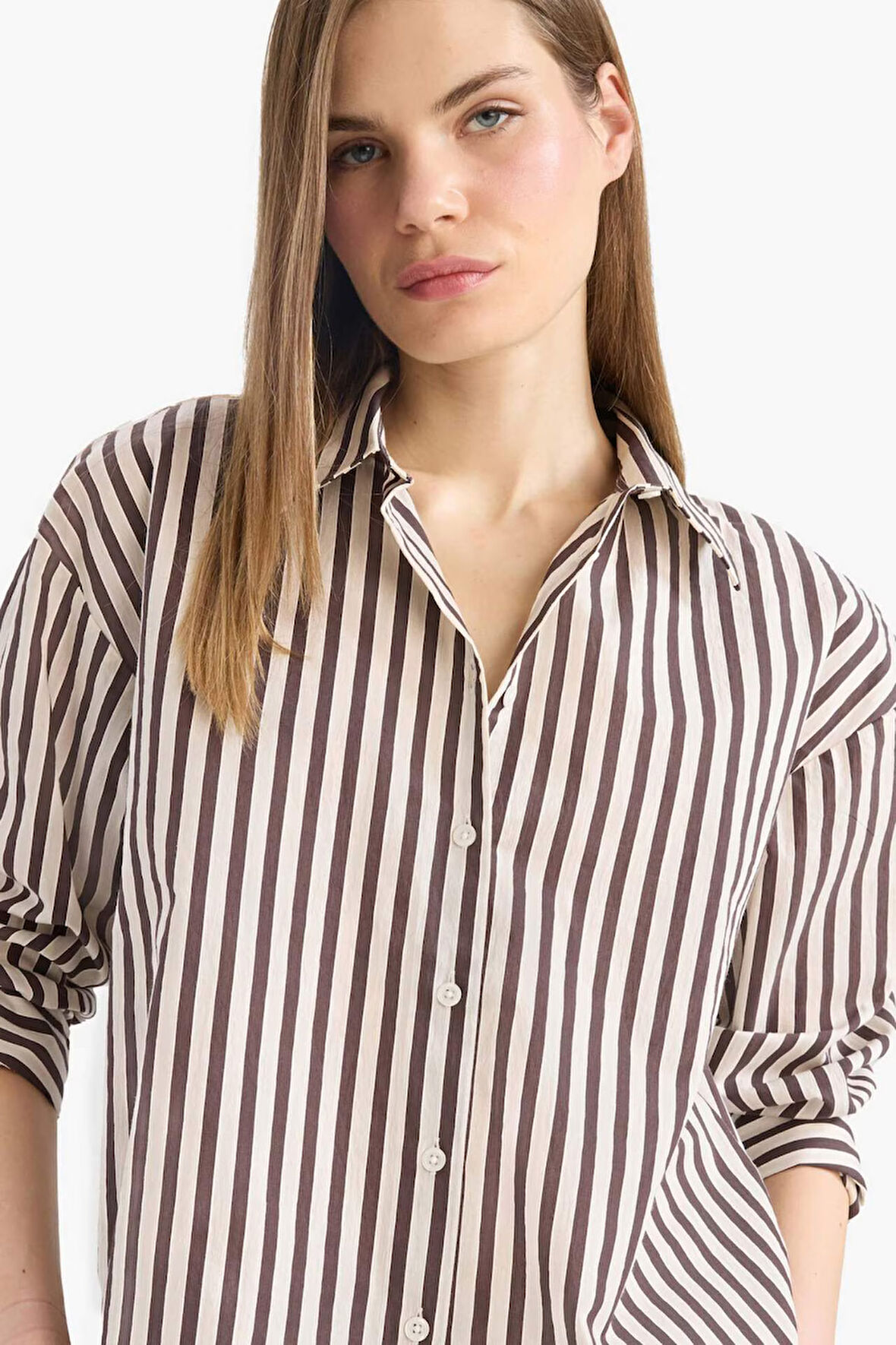 Loose Fit Çizgili Poplin Uzun Kollu Gömlek