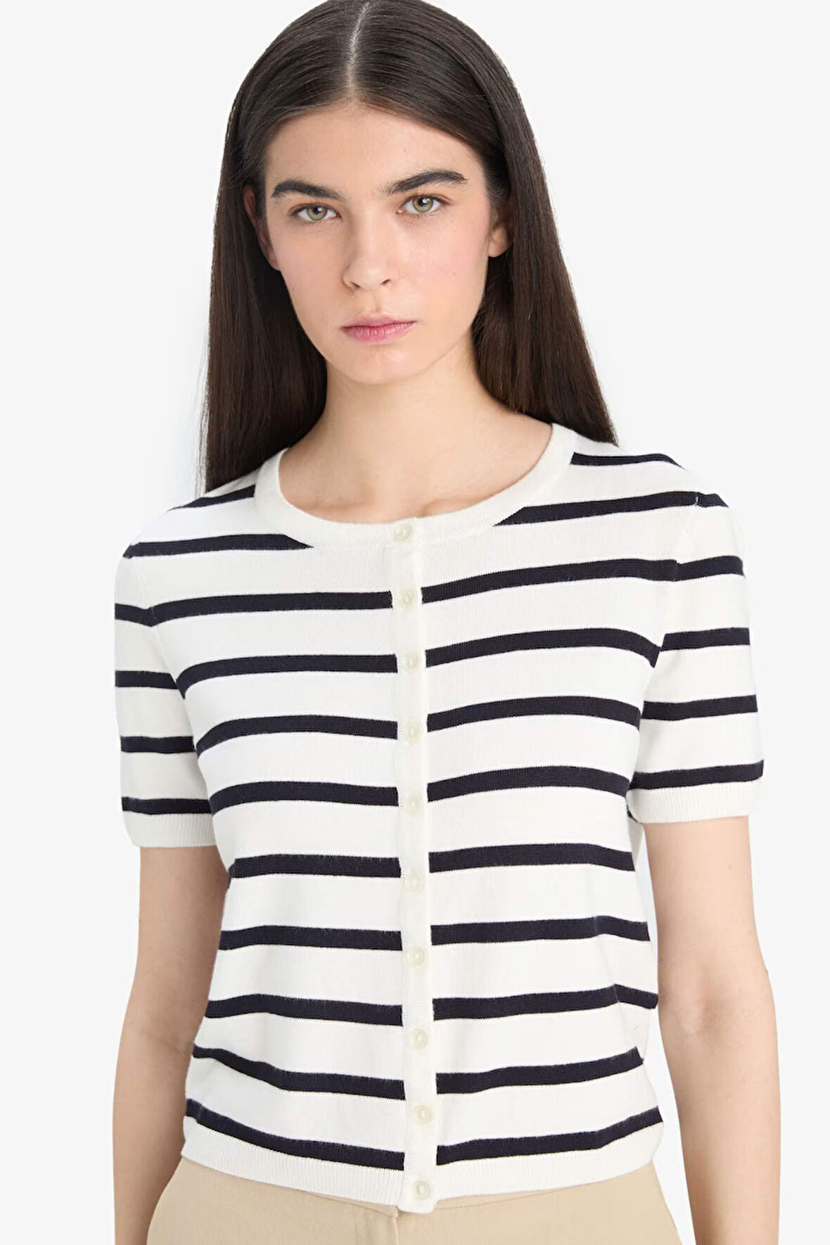 Regular Fit Bisiklet Yaka Çizgili Kısa Kollu Hırka