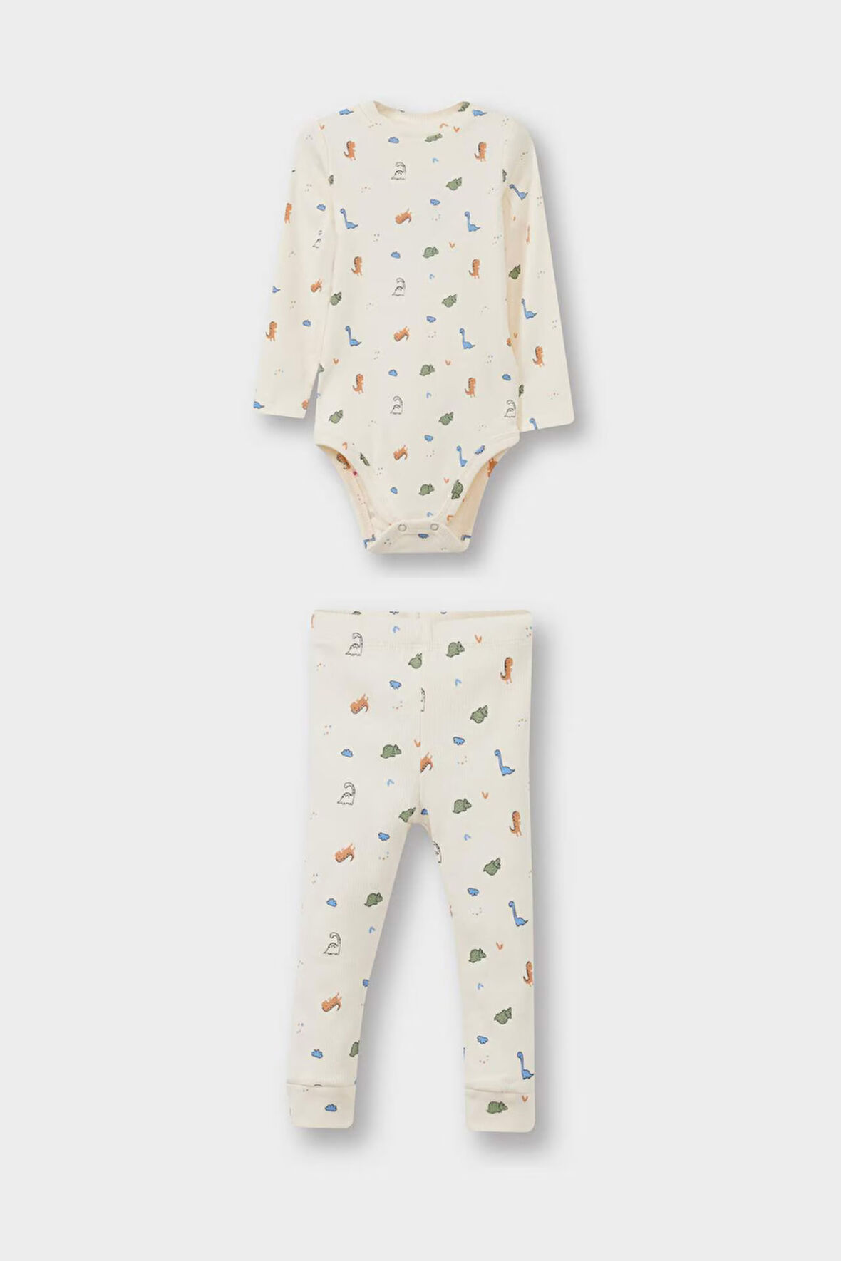 Erkek Bebek 2'li Takım Dinozor Baskılı Uzun Kollu Fitilli Kaşkorse Çıtçıtlı Body Alt