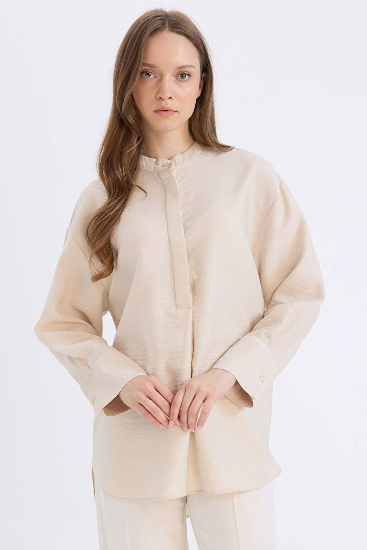DeFacto Relax Fit Hakim Yaka Basic Düz Uzun Kollu Tesettür Gömlek Tunik E1757AX25SPBG702
