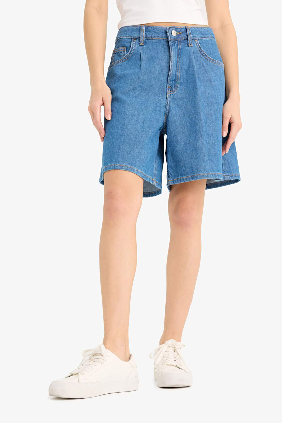 Yüksek Bel Düz Paça Yumuşak Jean Bermuda