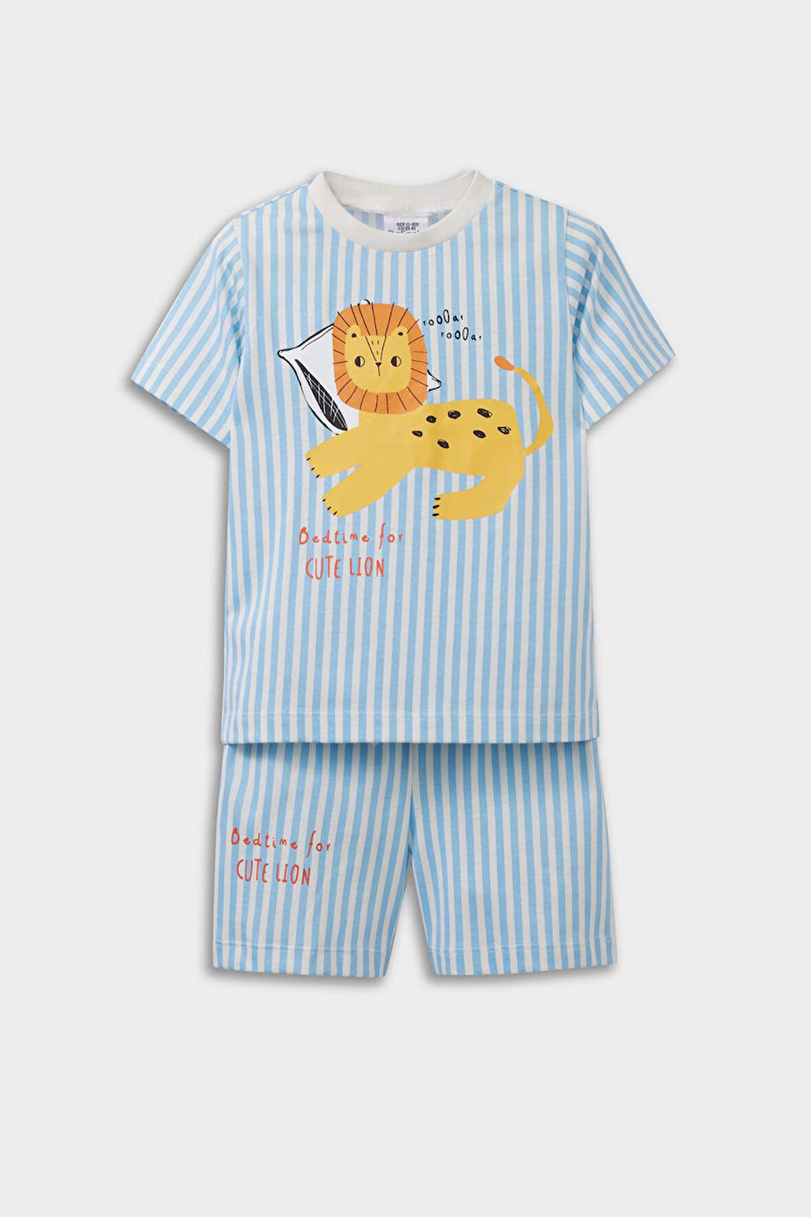 Erkek Bebek Pijama Takımı Çizgili Aslan Baskılı Kısa Kollu Penye Üst Beli Lastikli Şort