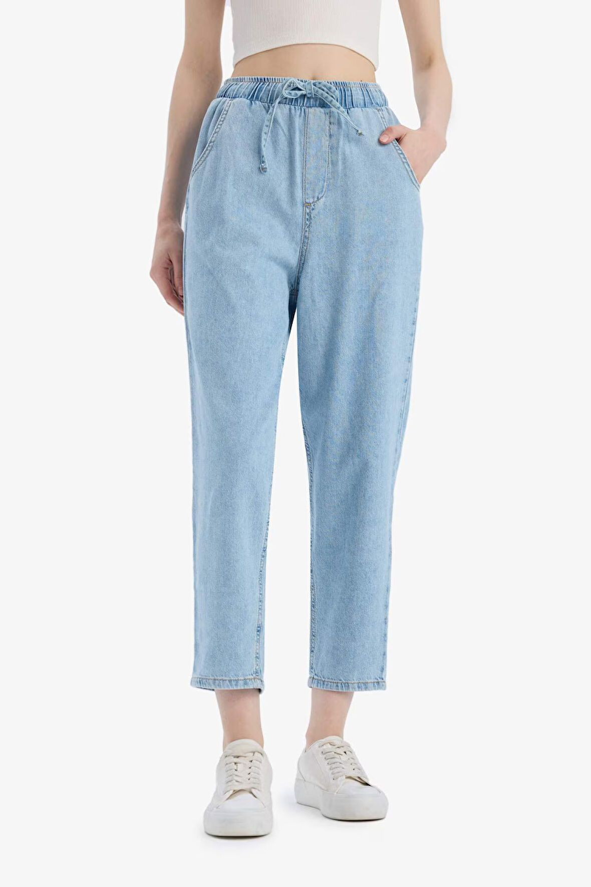Pull On Paperbag Yüksek Bel Düz Paça Uzun Yumuşak Jean Pantolon