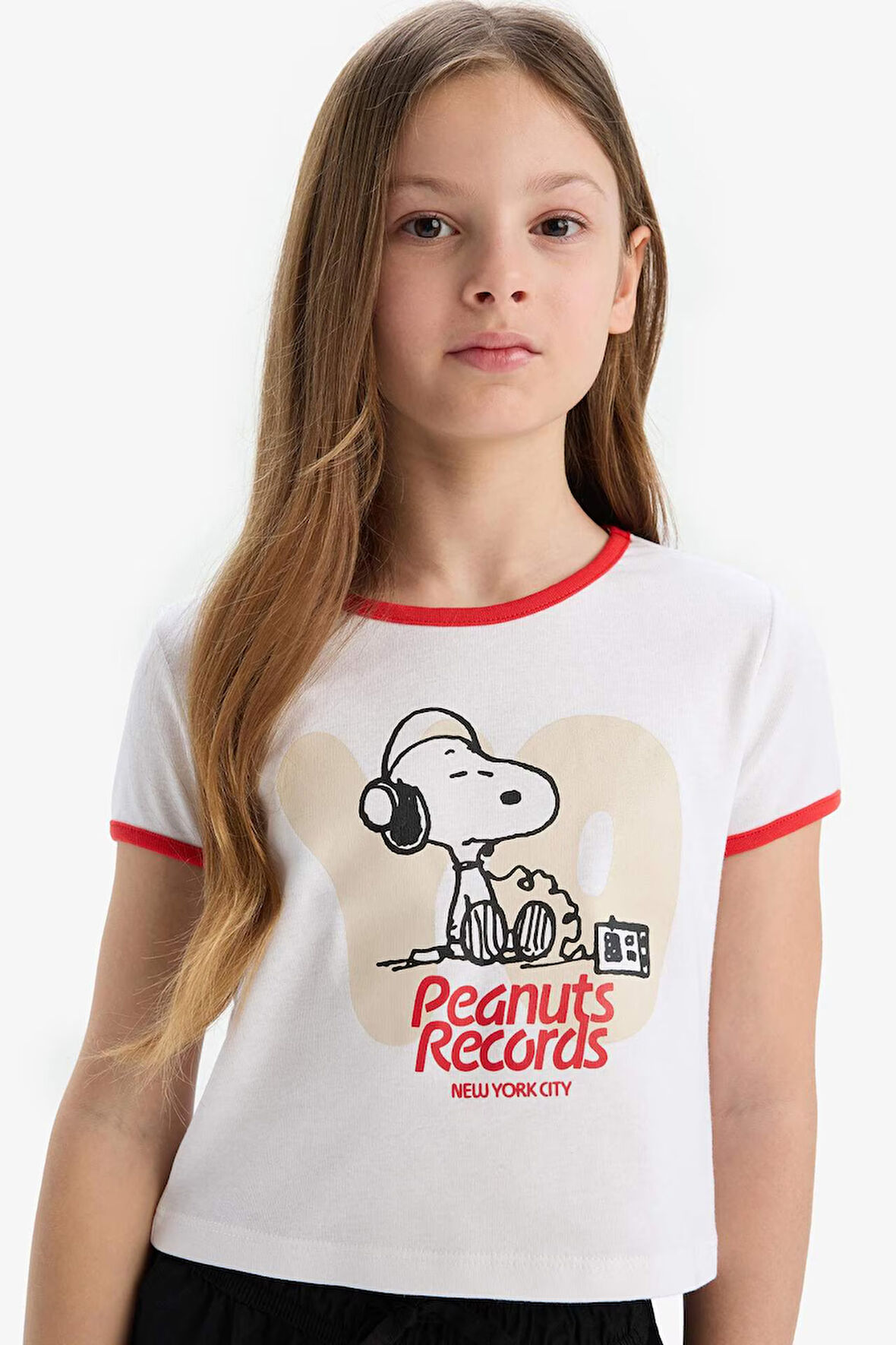 Kız Çocuk Snoopy Crop Bisiklet Yaka Kaşkorse Kısa Kollu Tişört