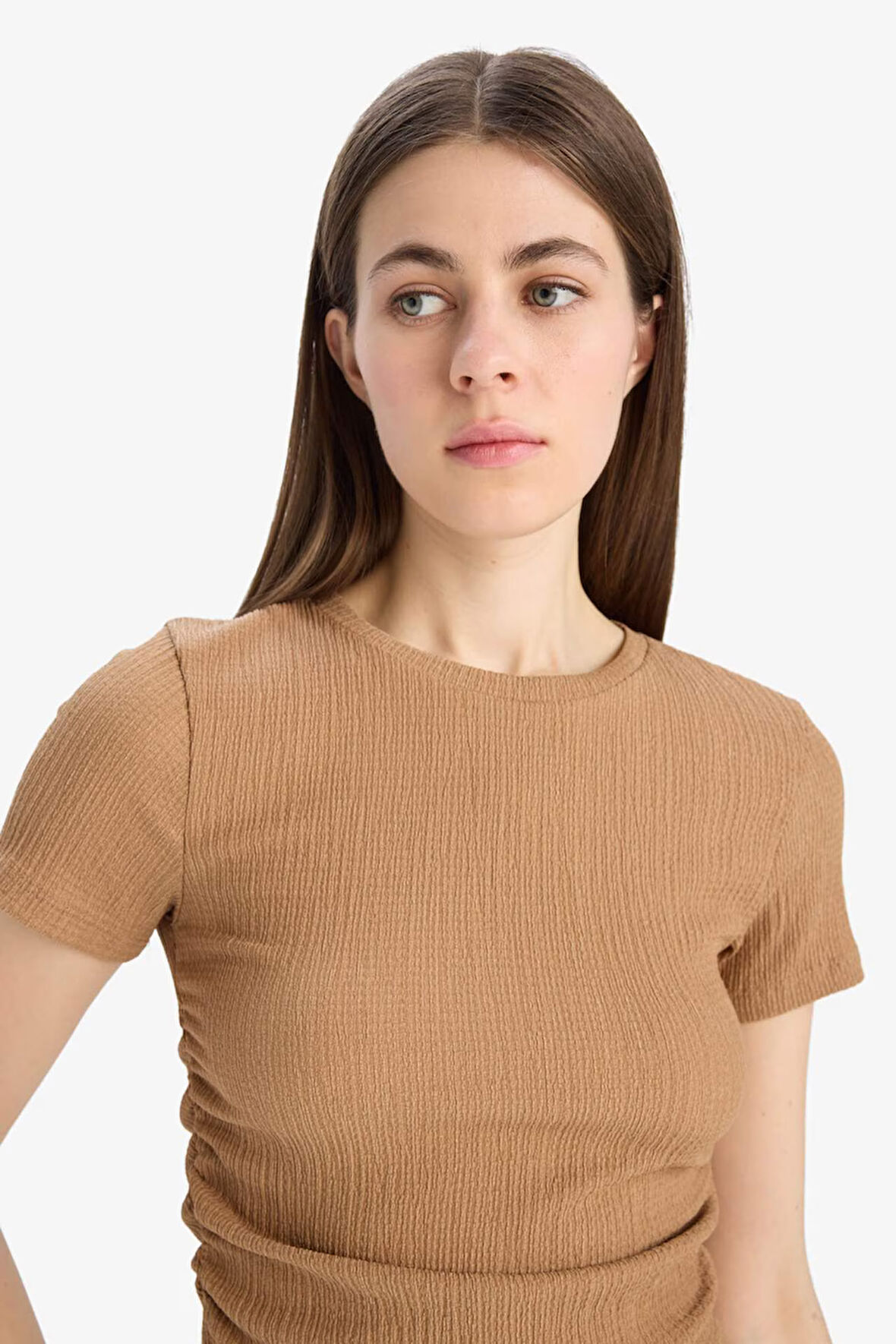 Slim Fit Dar Kesim Bisiklet Yaka Bürümcük Kısa Kollu Tişört