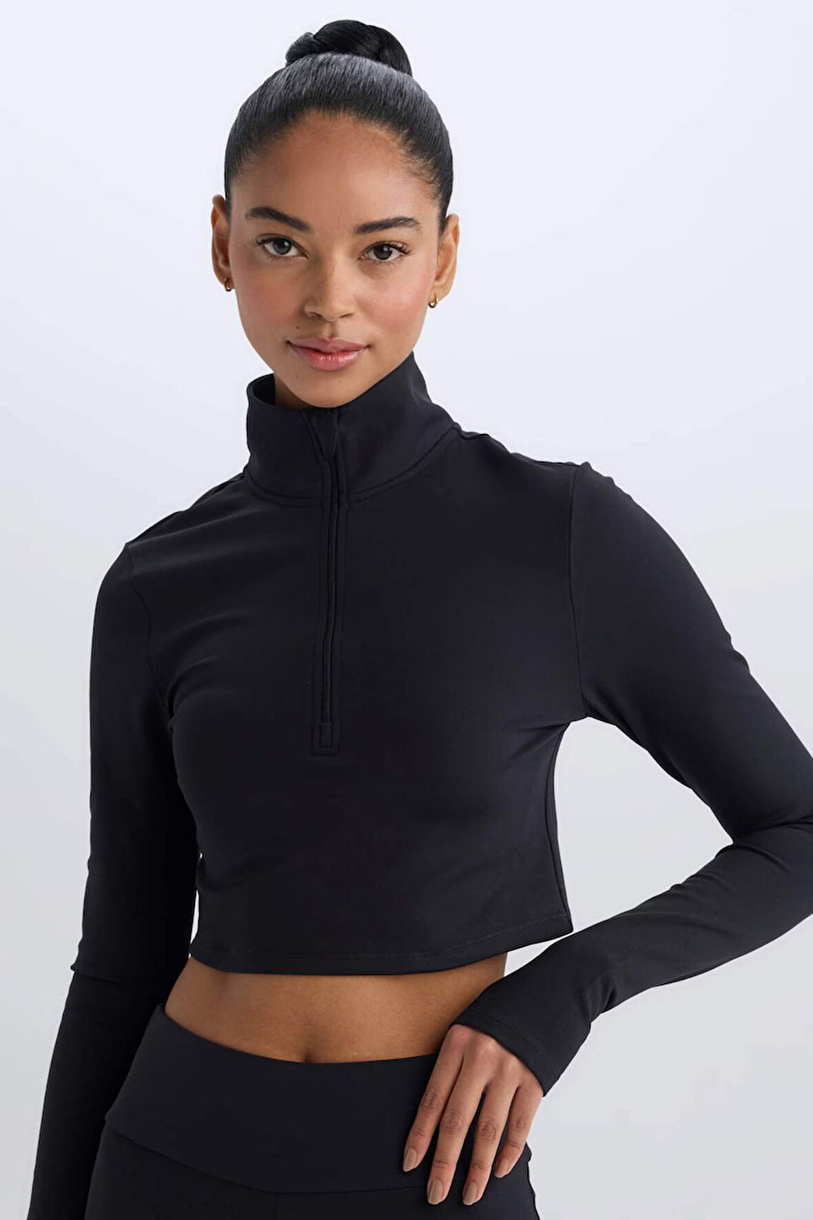 DeFactoFit Slim Fit Dar Kesim Fermuarlı Dik Yaka Sporcu Uzun Kollu Tişört W0343AZ25SPBK81